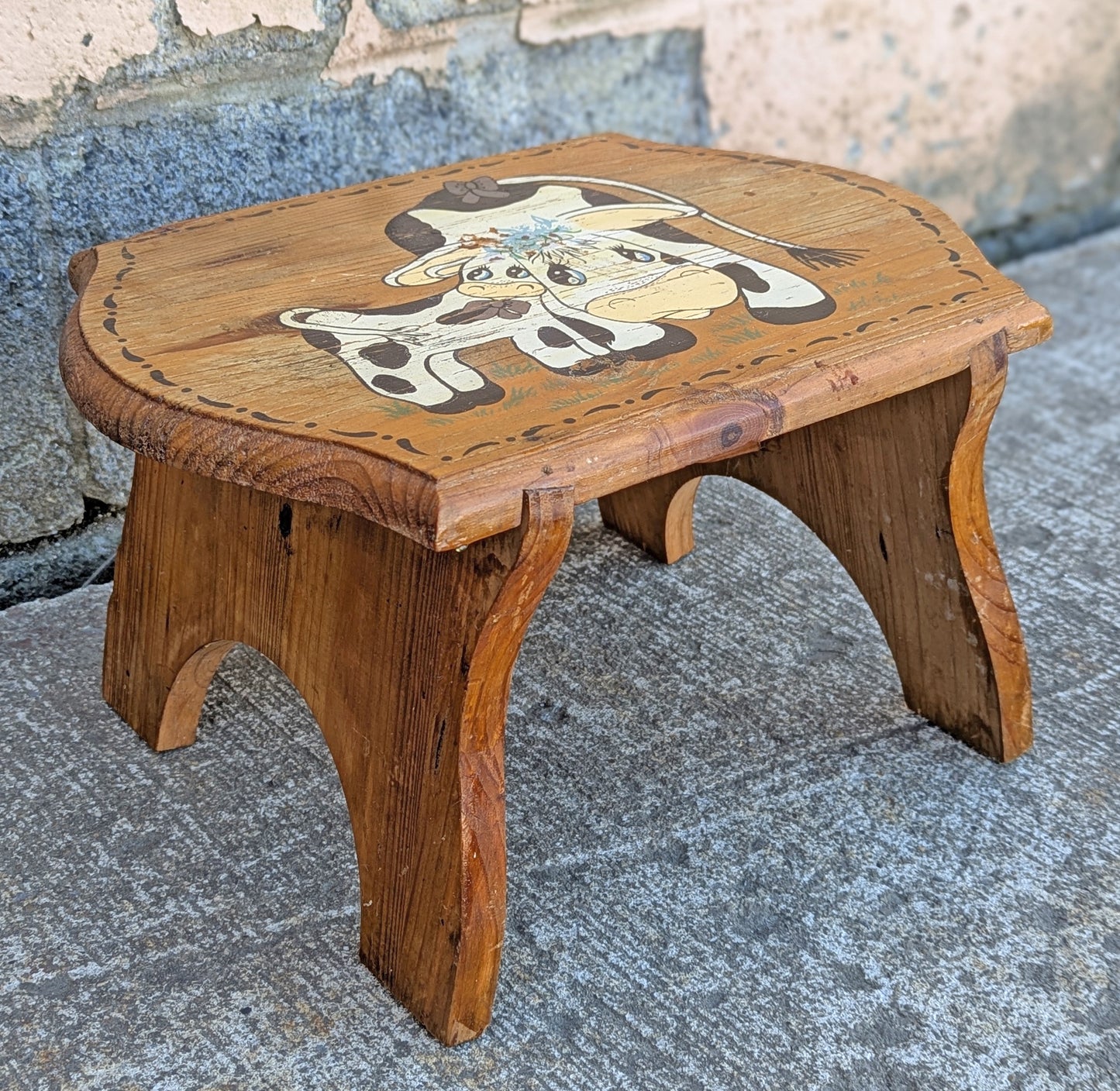 Small Vintage Antique Old Solid Wood Wooden Rectangular Table Foot Step Stool Plant Stand Side Accent Chair Seat Hand Painted Cow