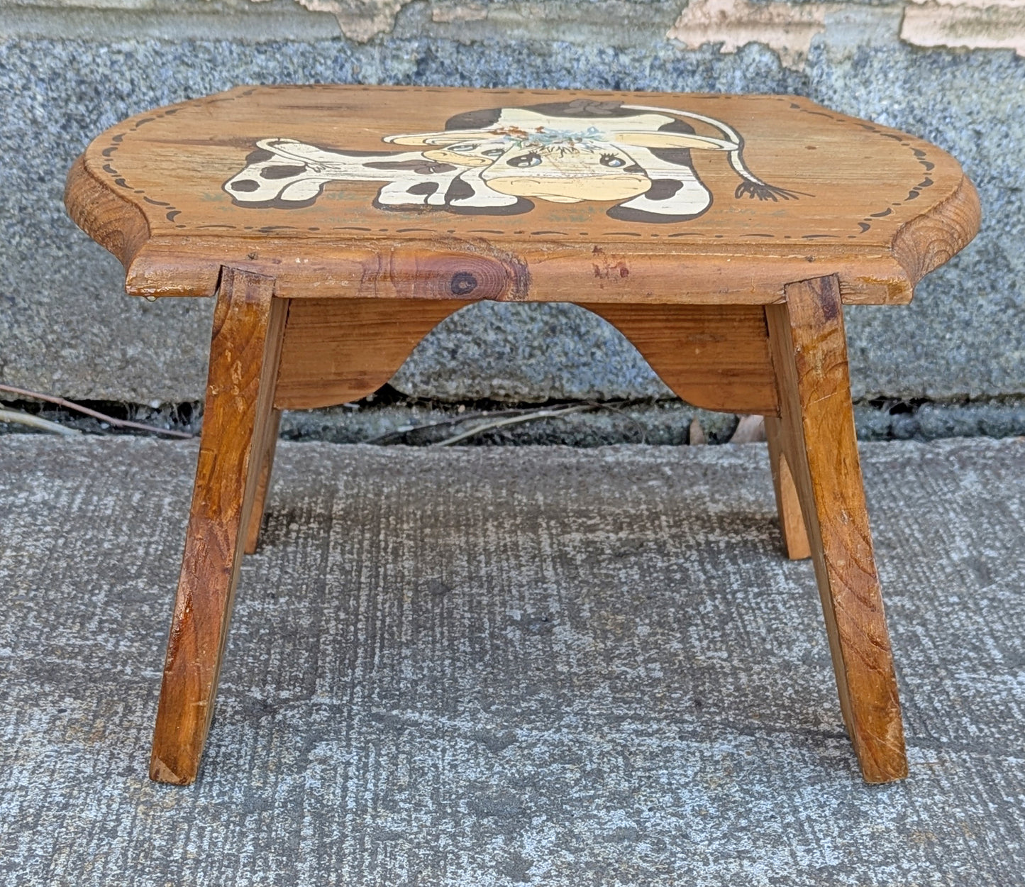 Small Vintage Antique Old Solid Wood Wooden Rectangular Table Foot Step Stool Plant Stand Side Accent Chair Seat Hand Painted Cow