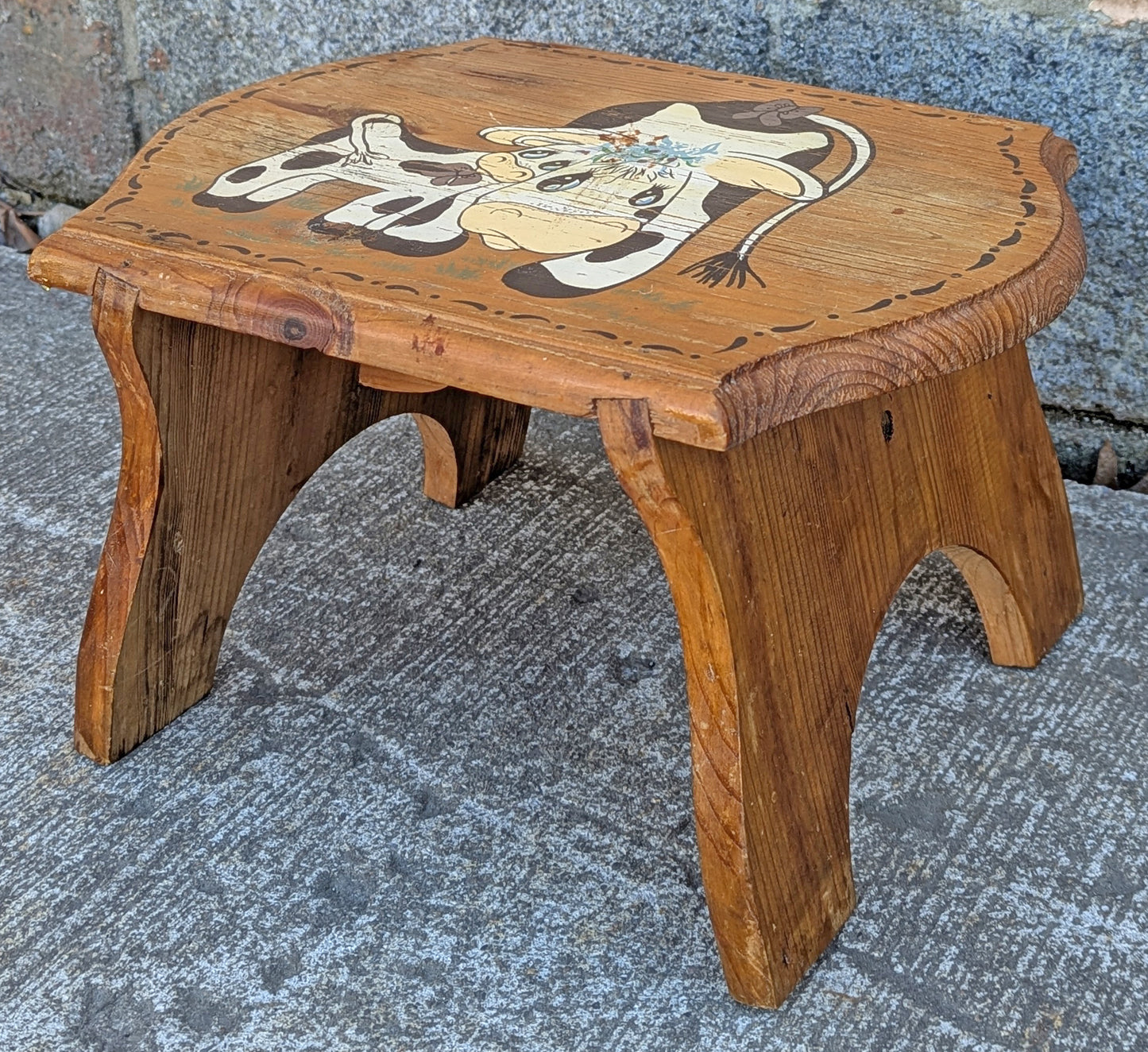 Small Vintage Antique Old Solid Wood Wooden Rectangular Table Foot Step Stool Plant Stand Side Accent Chair Seat Hand Painted Cow