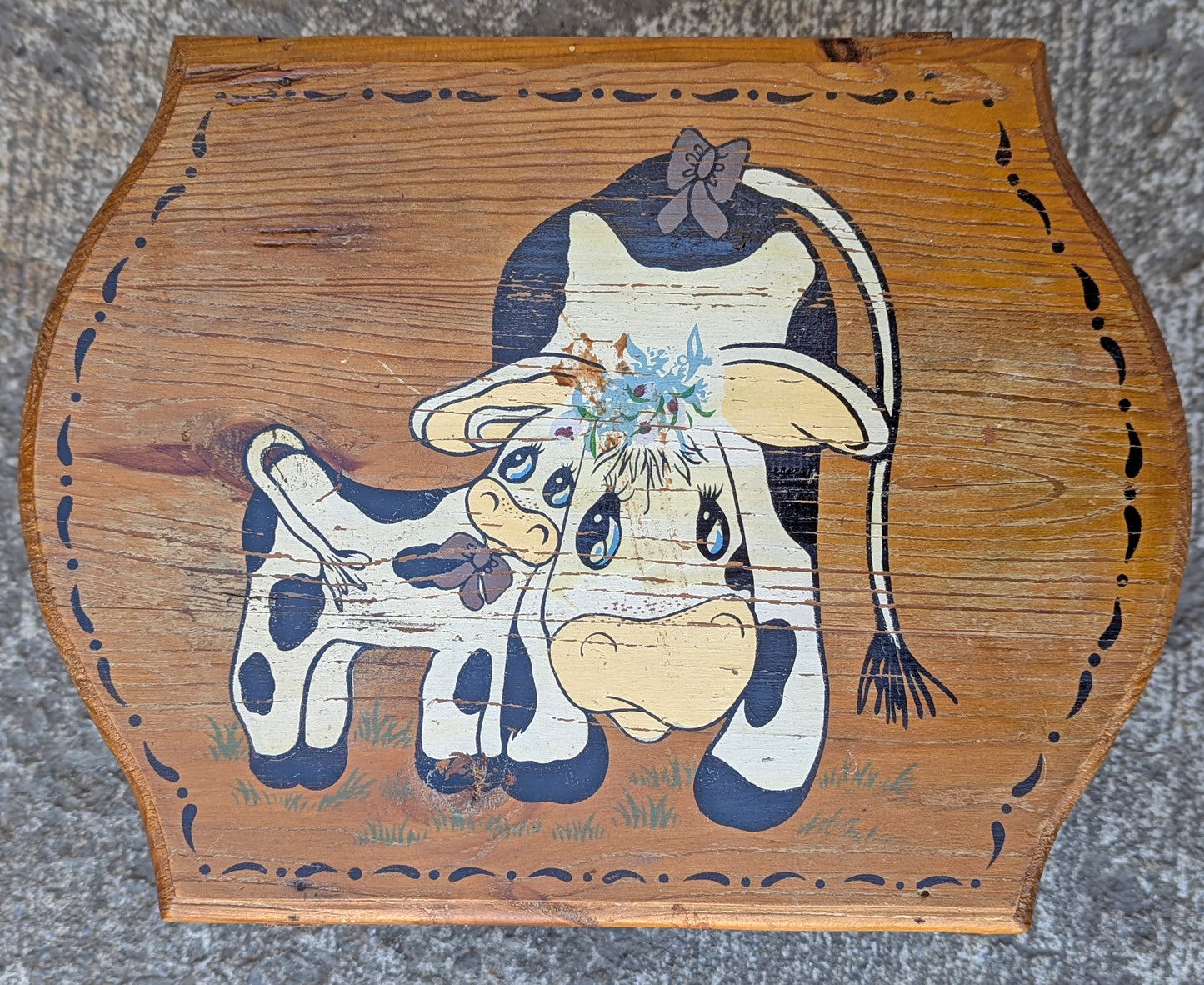 Small Vintage Antique Old Solid Wood Wooden Rectangular Table Foot Step Stool Plant Stand Side Accent Chair Seat Hand Painted Cow