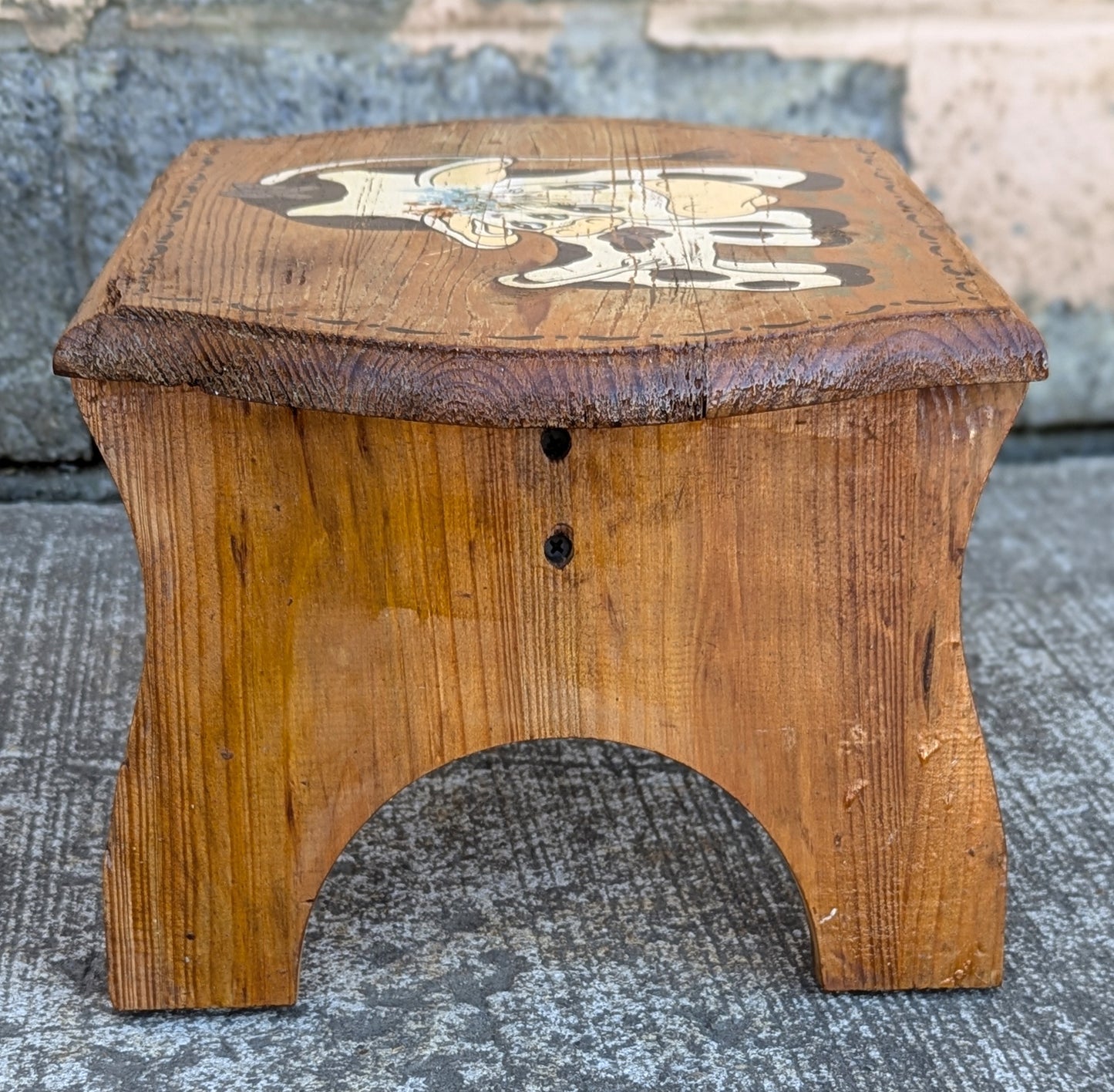 Small Vintage Antique Old Solid Wood Wooden Rectangular Table Foot Step Stool Plant Stand Side Accent Chair Seat Hand Painted Cow