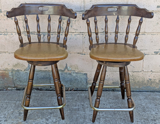 Pair of Vintage Old Reclaimed Salvaged Tall High Upholstered Vinyl SOLID Wood Wooden Side Bar Stool Dining Chair Seat Backrest Tavern