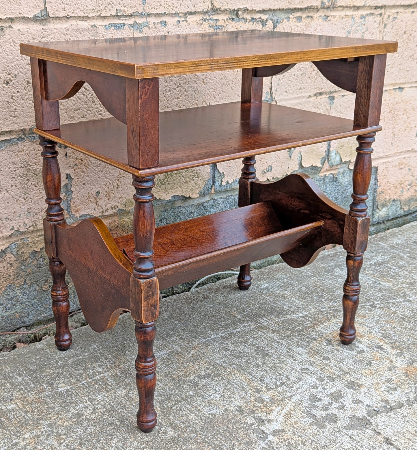 Vintage Antique Old Reclaimed Salvaged 3 Tier Solid Hardwood Wood Wooden Side End Accent Table Lamp Plant Stand Nightstand Newspaper Shelf
