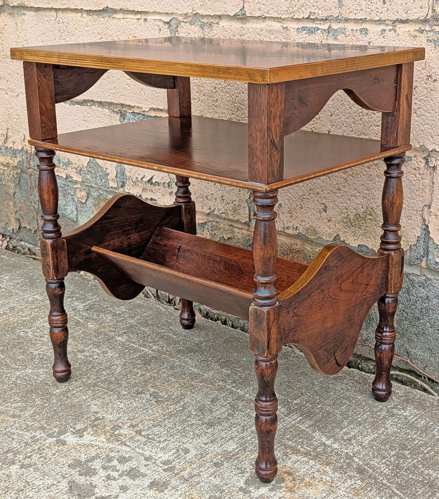 Vintage Antique Old Reclaimed Salvaged 3 Tier Solid Hardwood Wood Wooden Side End Accent Table Lamp Plant Stand Nightstand Newspaper Shelf