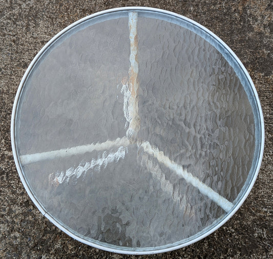 Vintage Old Reclaimed Salvaged White Painted Metal Steel Patio Garden Sunroom Porch Accent Side End Table Round Circle Textured Glass Top