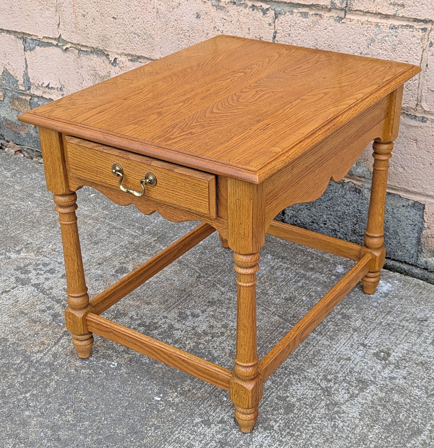 Vintage Antique Old Reclaimed Salvaged Ethan Allen SOLID Oak Wood Wooden Side End Hall Table Night Stand Shelf Drawer