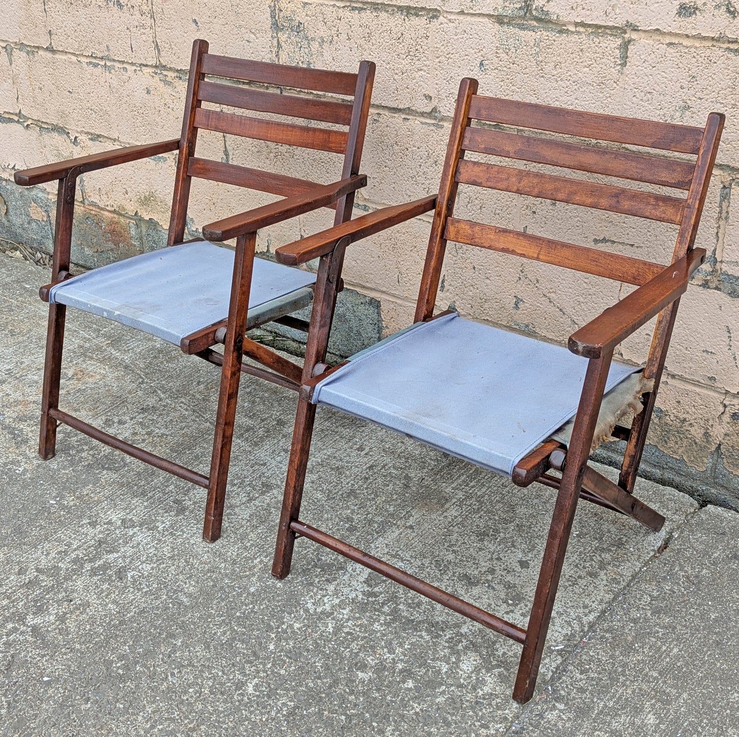 Pair Vintage Antique Reclaimed Salvaged Mid-Century Modern Folding Foldable Wood Wooden Pool Studio Patio Portable Lawn Chairs Fabric Seat