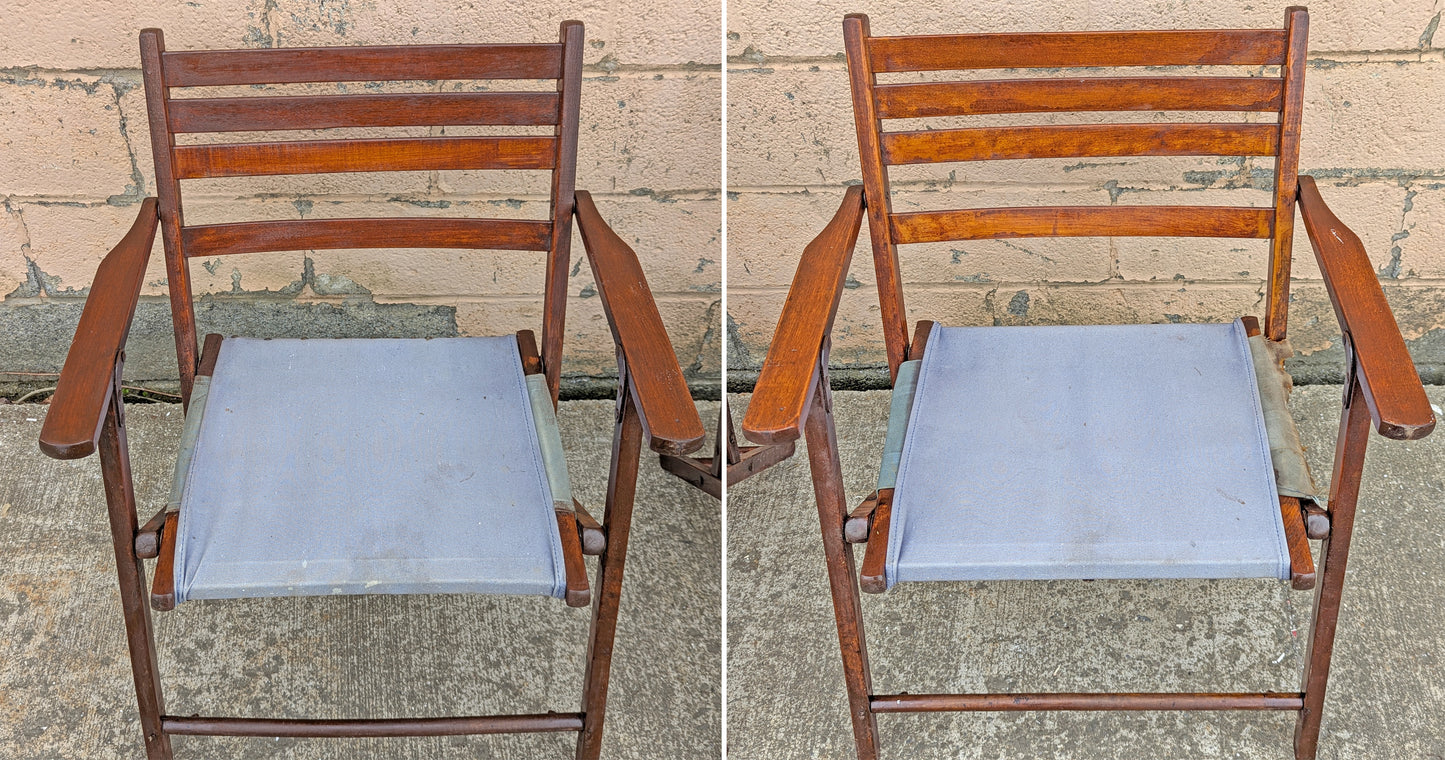 Pair Vintage Antique Reclaimed Salvaged Mid-Century Modern Folding Foldable Wood Wooden Pool Studio Patio Portable Lawn Chairs Fabric Seat