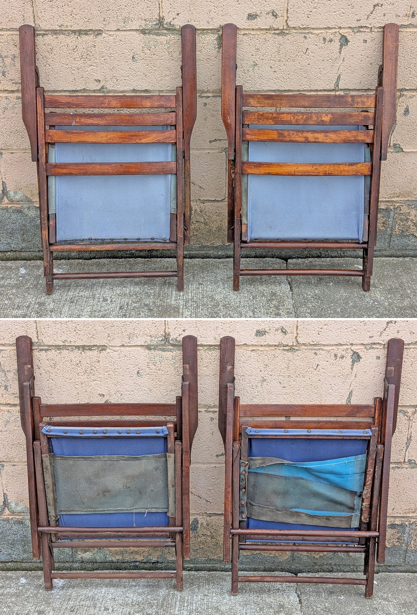 Pair Vintage Antique Reclaimed Salvaged Mid-Century Modern Folding Foldable Wood Wooden Pool Studio Patio Portable Lawn Chairs Fabric Seat