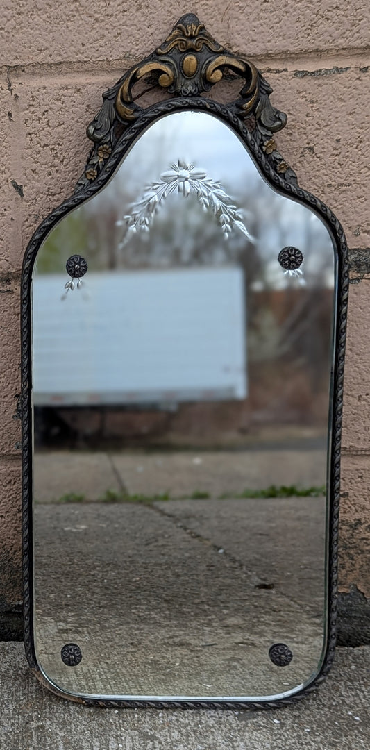 13"x28" Antique Vintage Old Reclaimed Salvaged Victorian Style SOLID Wood Wooden Hanging Wall Distressed Mirror Textured Glass Etched Ornate Decorative