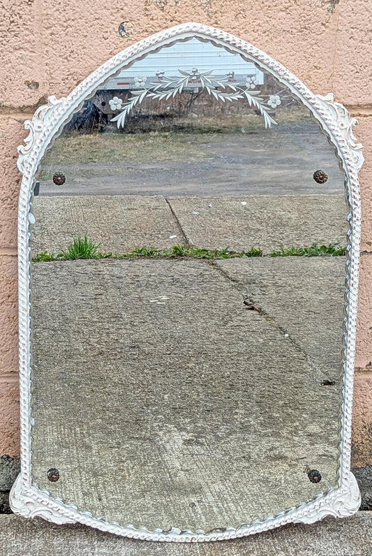 20.5"x31" Antique Vintage Old Reclaimed Salvaged Victorian Wood Wooden Hanging Wall Distressed Mirror Textured Glass Etched Ornate Decorative