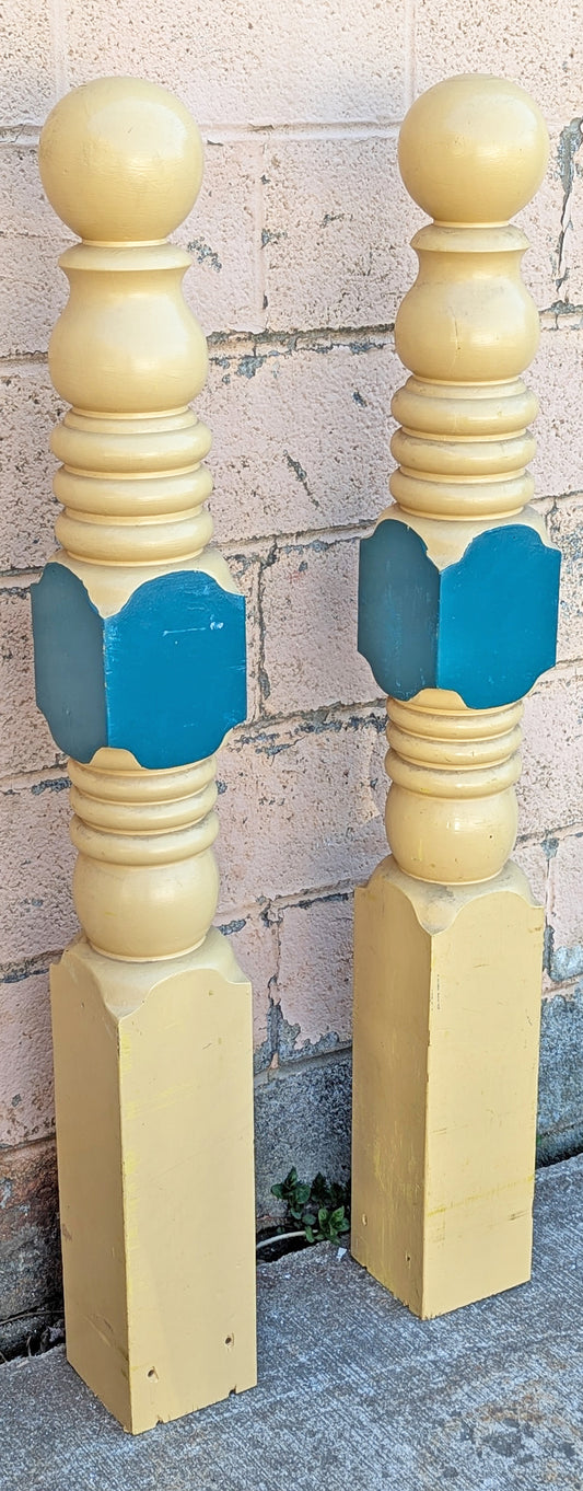 Pair 52"H Antique Vintage Old Salvaged Reclaimed Staircase Newel Post Balusters Spindles Balustrade Handrail Rails Railing Colonial Style