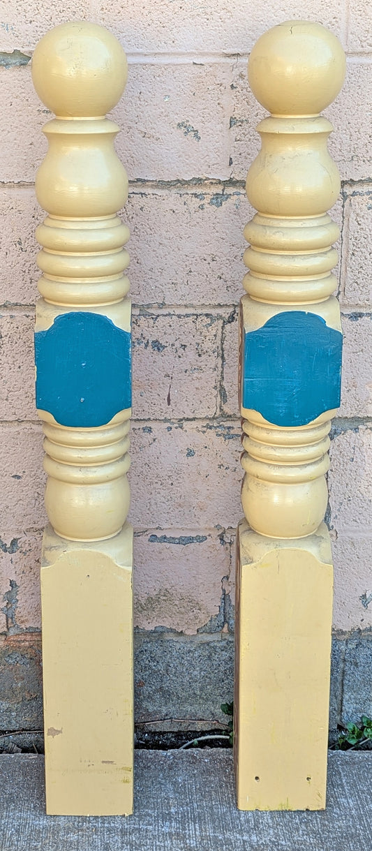 Pair 52"H Antique Vintage Old Salvaged Reclaimed Staircase Newel Post Balusters Spindles Balustrade Handrail Rails Railing Colonial Style