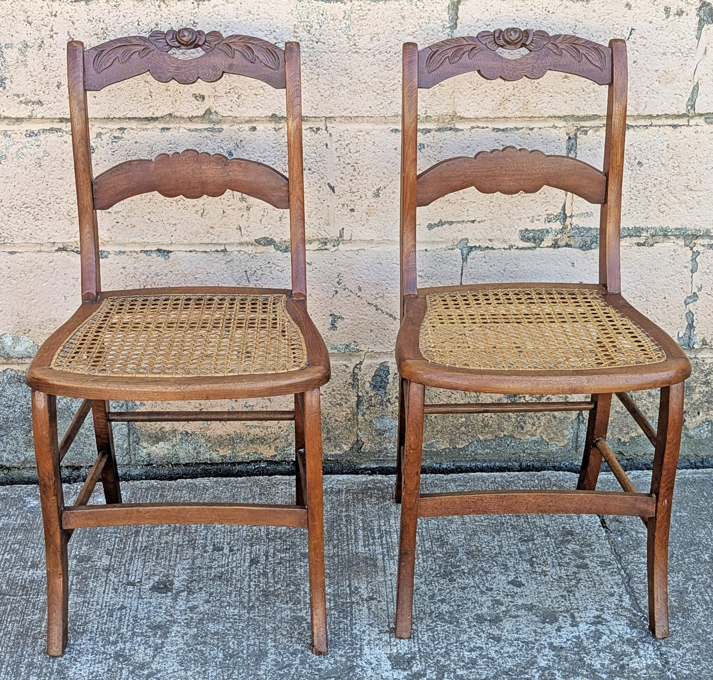 Pair of Vintage Antique Old Reclaimed Salvaged SOLID Mahogany Wood Wooden Side Dining Accent Chair Caned Seats Backrests