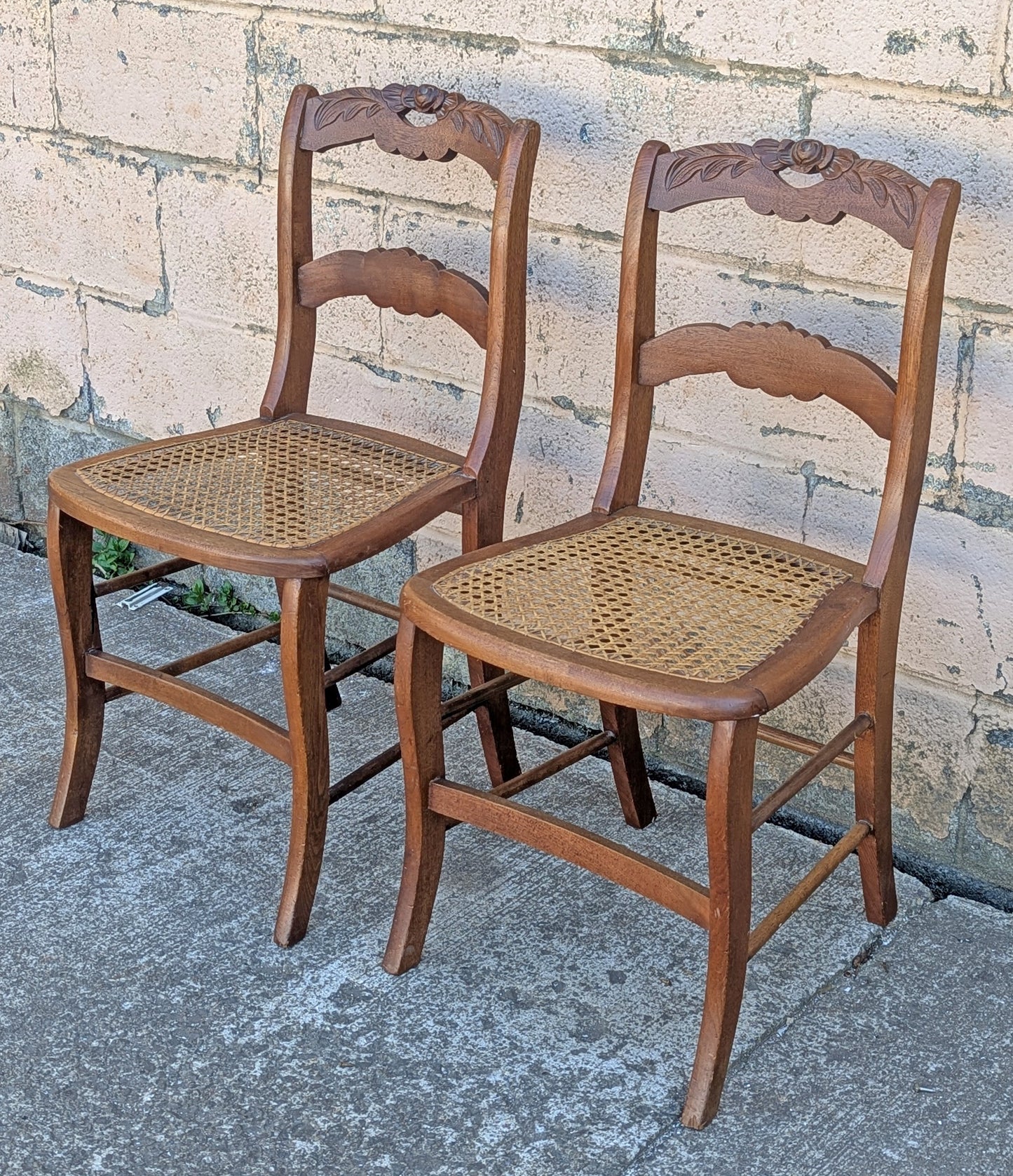 Pair of Vintage Antique Old Reclaimed Salvaged SOLID Mahogany Wood Wooden Side Dining Accent Chair Caned Seats Backrests