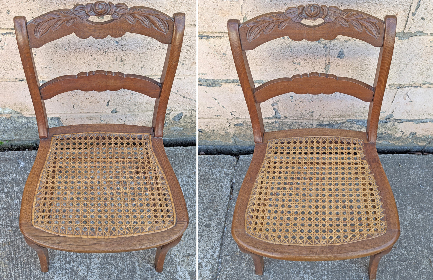 Pair of Vintage Antique Old Reclaimed Salvaged SOLID Mahogany Wood Wooden Side Dining Accent Chair Caned Seats Backrests