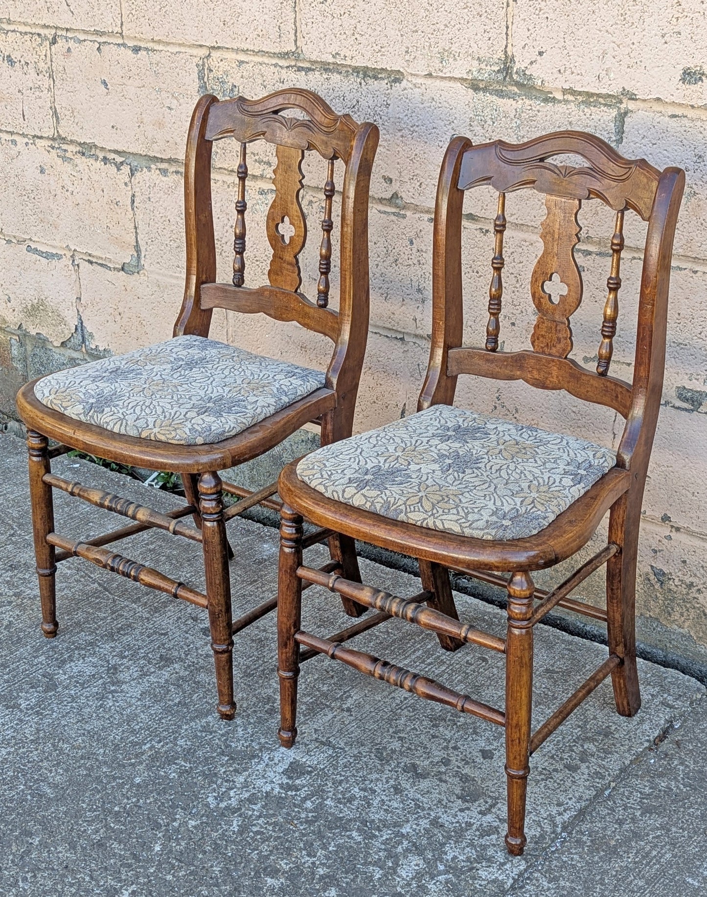 Pair Vintage Antique Old Reclaimed Salvaged SOLID Walnut Wood Wooden Side Dining Accent Chairs Nature Floral Fabric Upholstered Seat