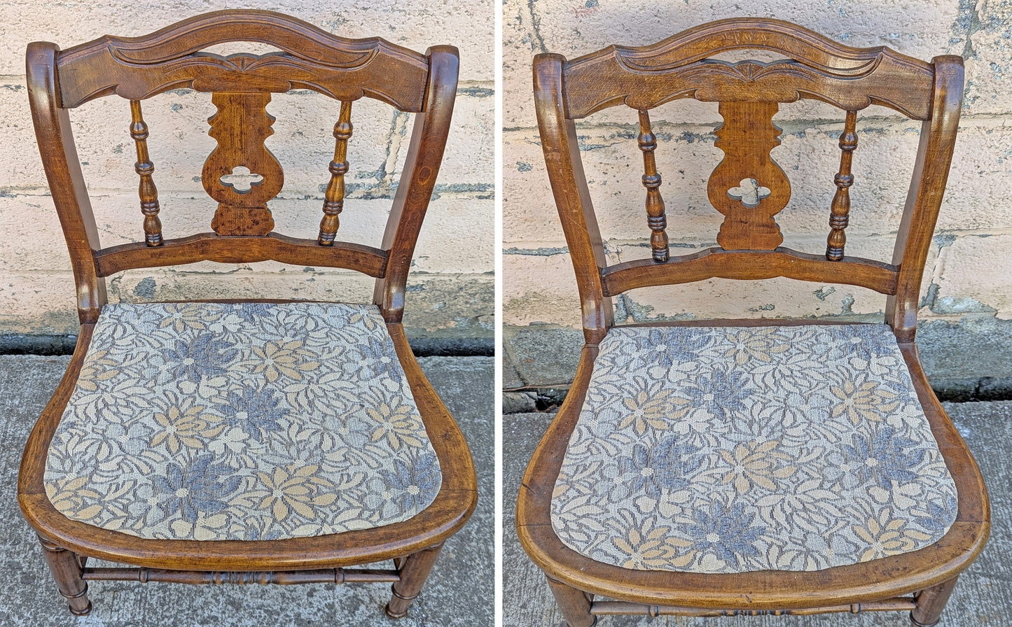 Pair Vintage Antique Old Reclaimed Salvaged SOLID Walnut Wood Wooden Side Dining Accent Chairs Nature Floral Fabric Upholstered Seat