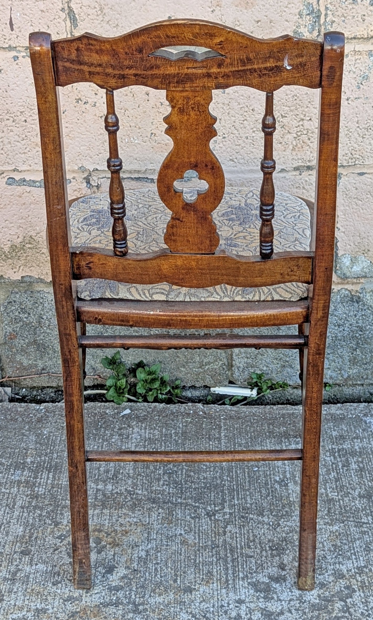 Pair Vintage Antique Old Reclaimed Salvaged SOLID Walnut Wood Wooden Side Dining Accent Chairs Nature Floral Fabric Upholstered Seat