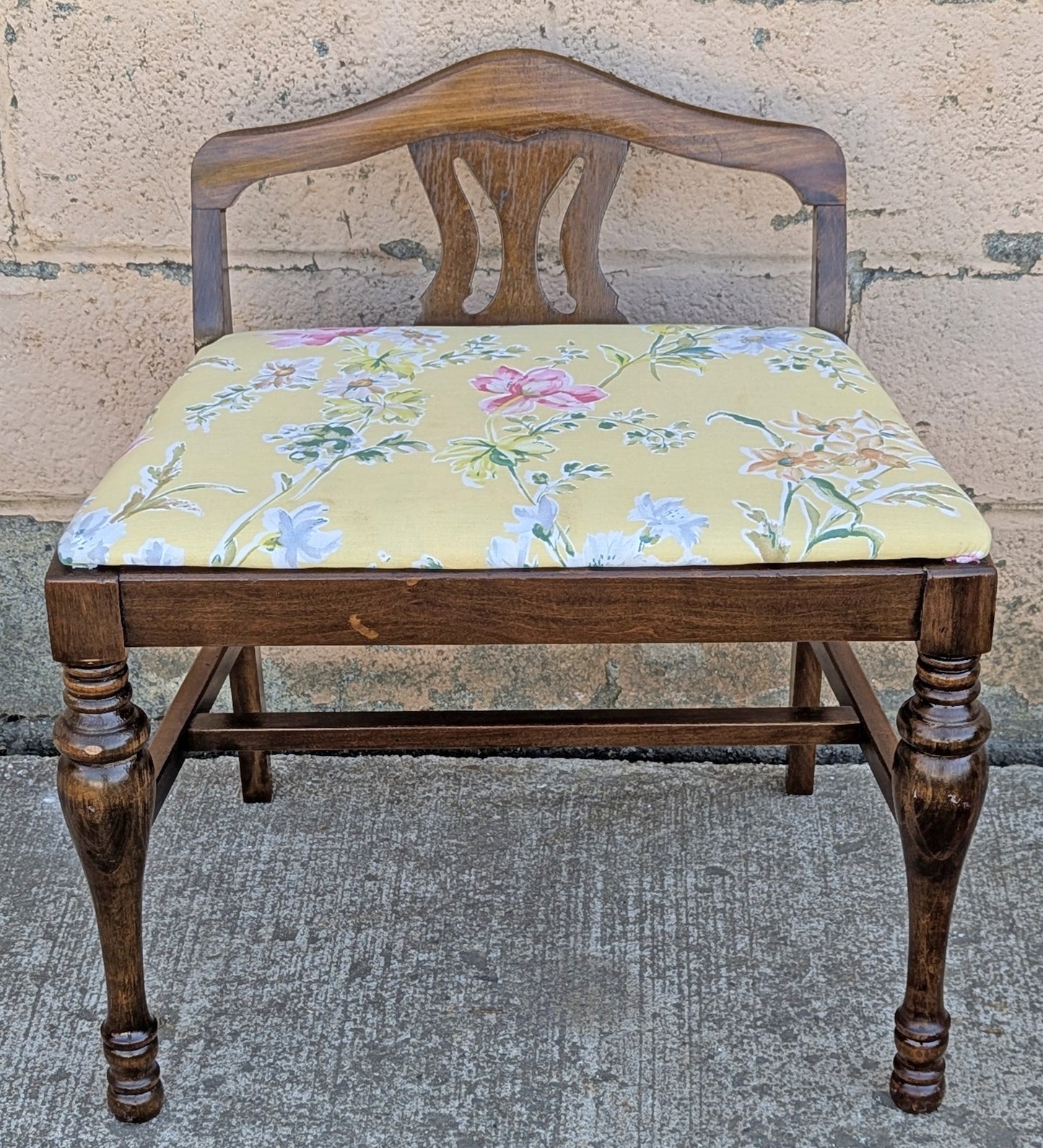 Vintage Antique Old Victorian Style Reclaimed Salvaged SOLID Wood Wooden Carved Bench Chair Stool Yellow Floral Flower Plant Fabric Seat