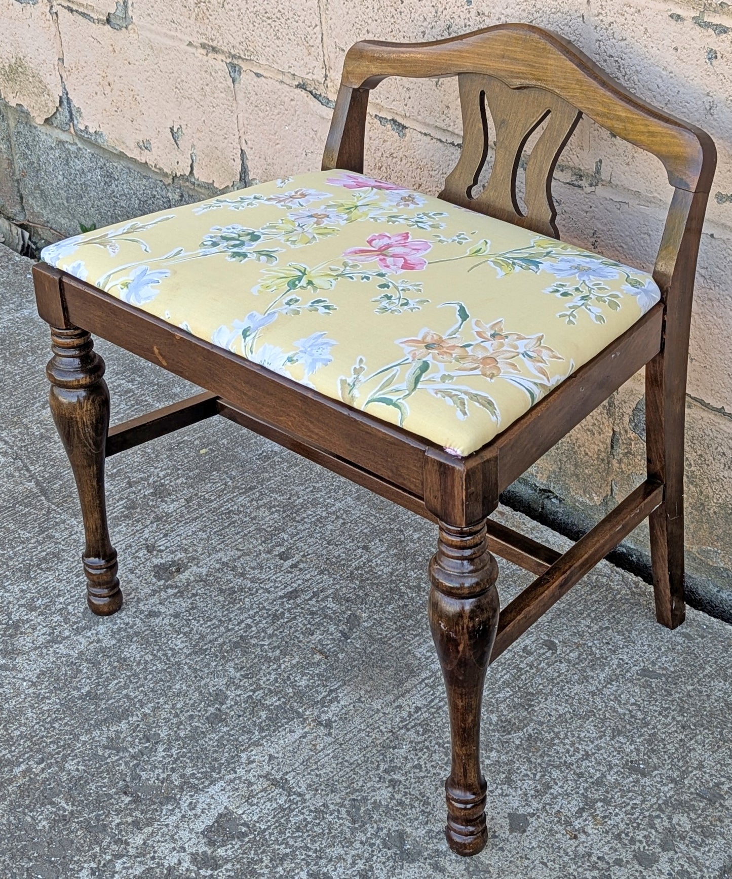 Vintage Antique Old Victorian Style Reclaimed Salvaged SOLID Wood Wooden Carved Bench Chair Stool Yellow Floral Flower Plant Fabric Seat