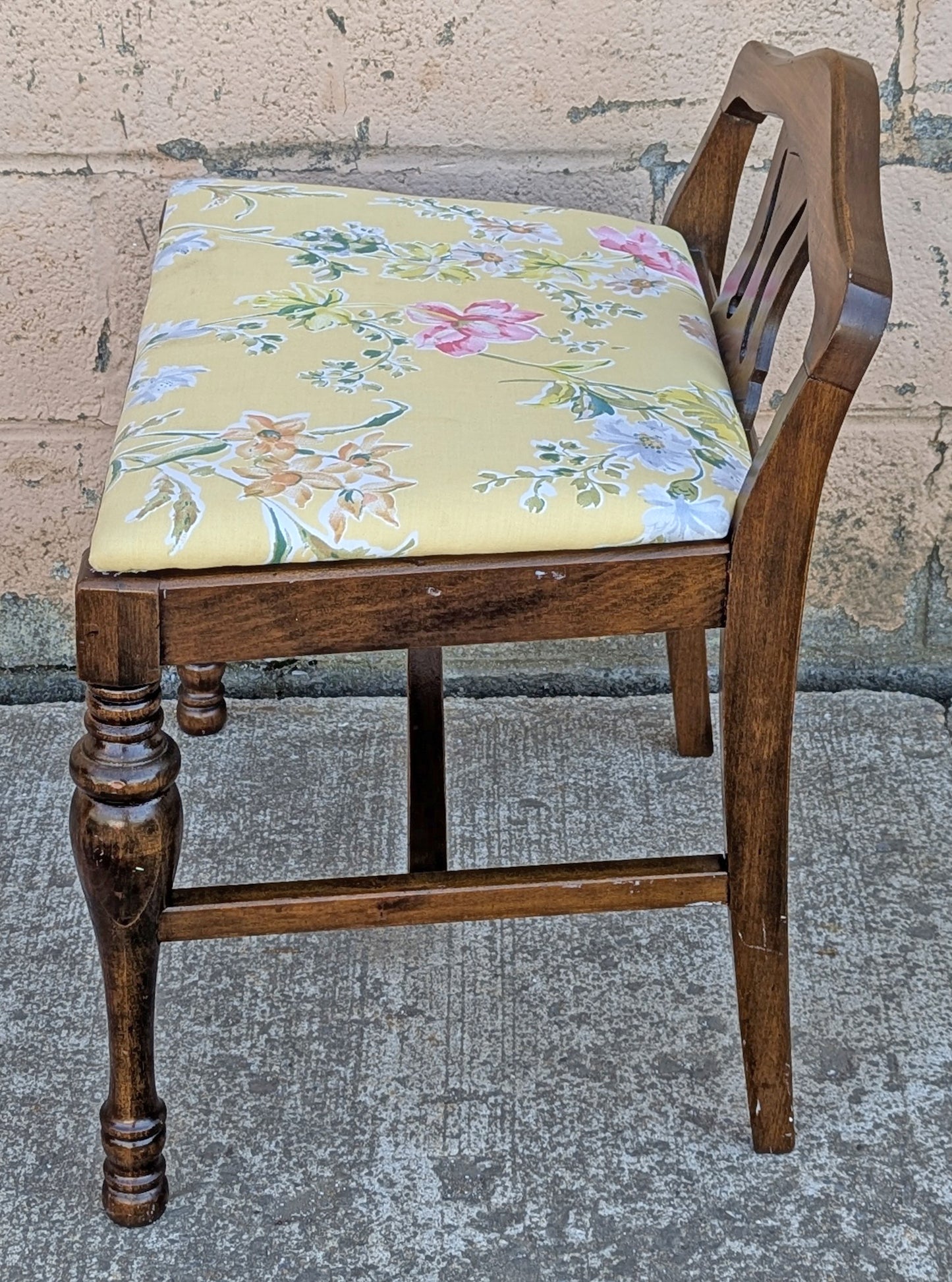 Vintage Antique Old Victorian Style Reclaimed Salvaged SOLID Wood Wooden Carved Bench Chair Stool Yellow Floral Flower Plant Fabric Seat