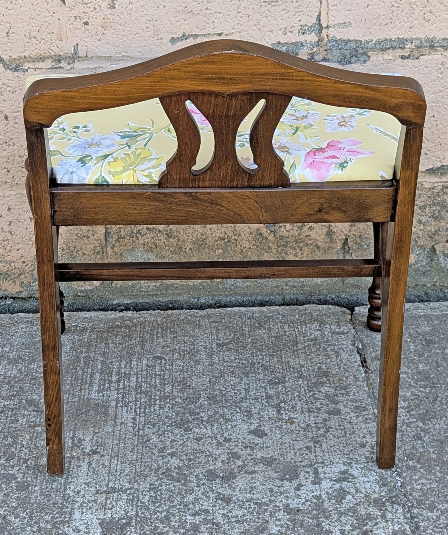 Vintage Antique Old Victorian Style Reclaimed Salvaged SOLID Wood Wooden Carved Bench Chair Stool Yellow Floral Flower Plant Fabric Seat