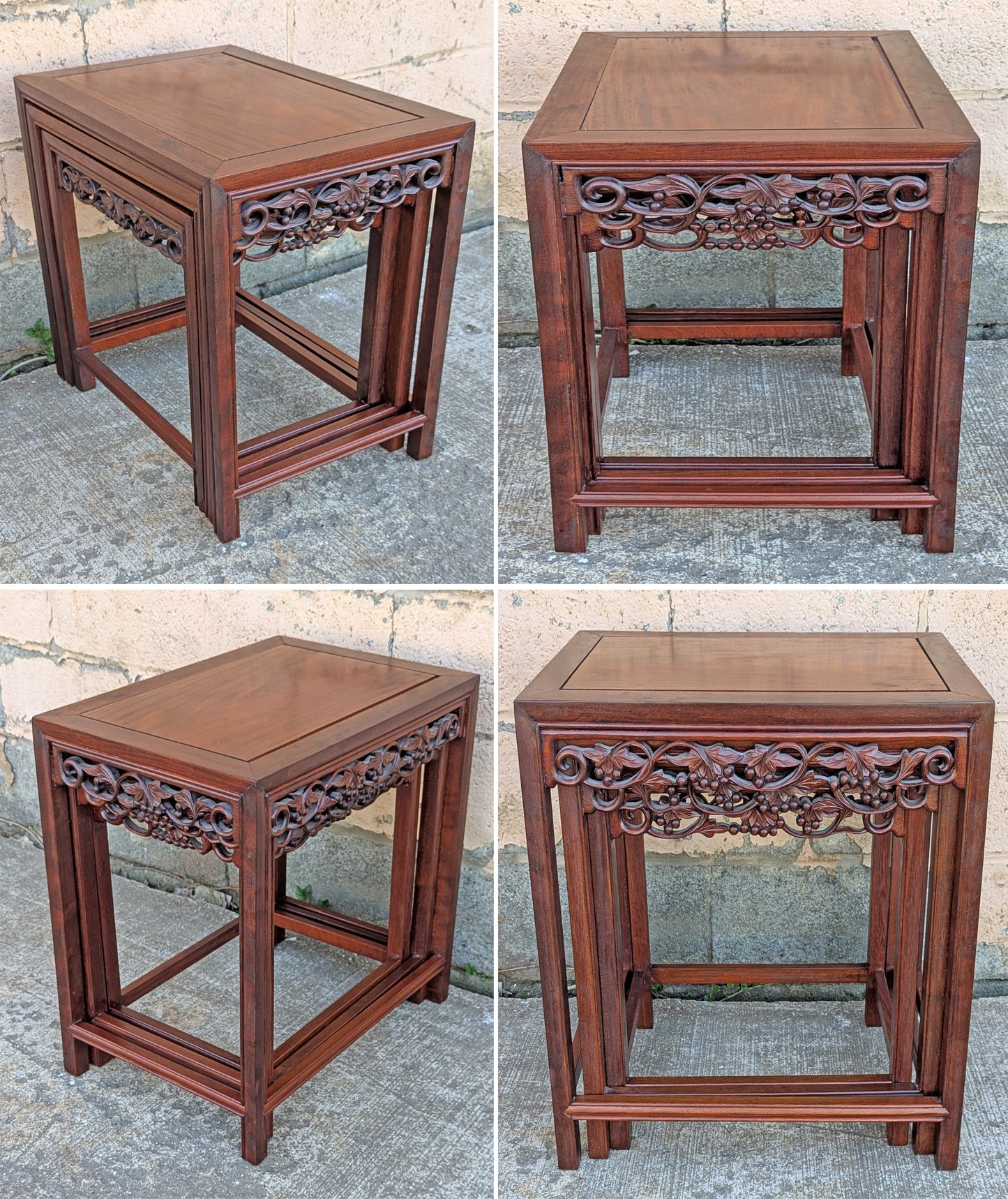 Set of Small Vintage Antique Old Solid Mahogany Wood Wooden Carved Serpentine Square Nesting Nested Stacked Stand Side Accent Tables