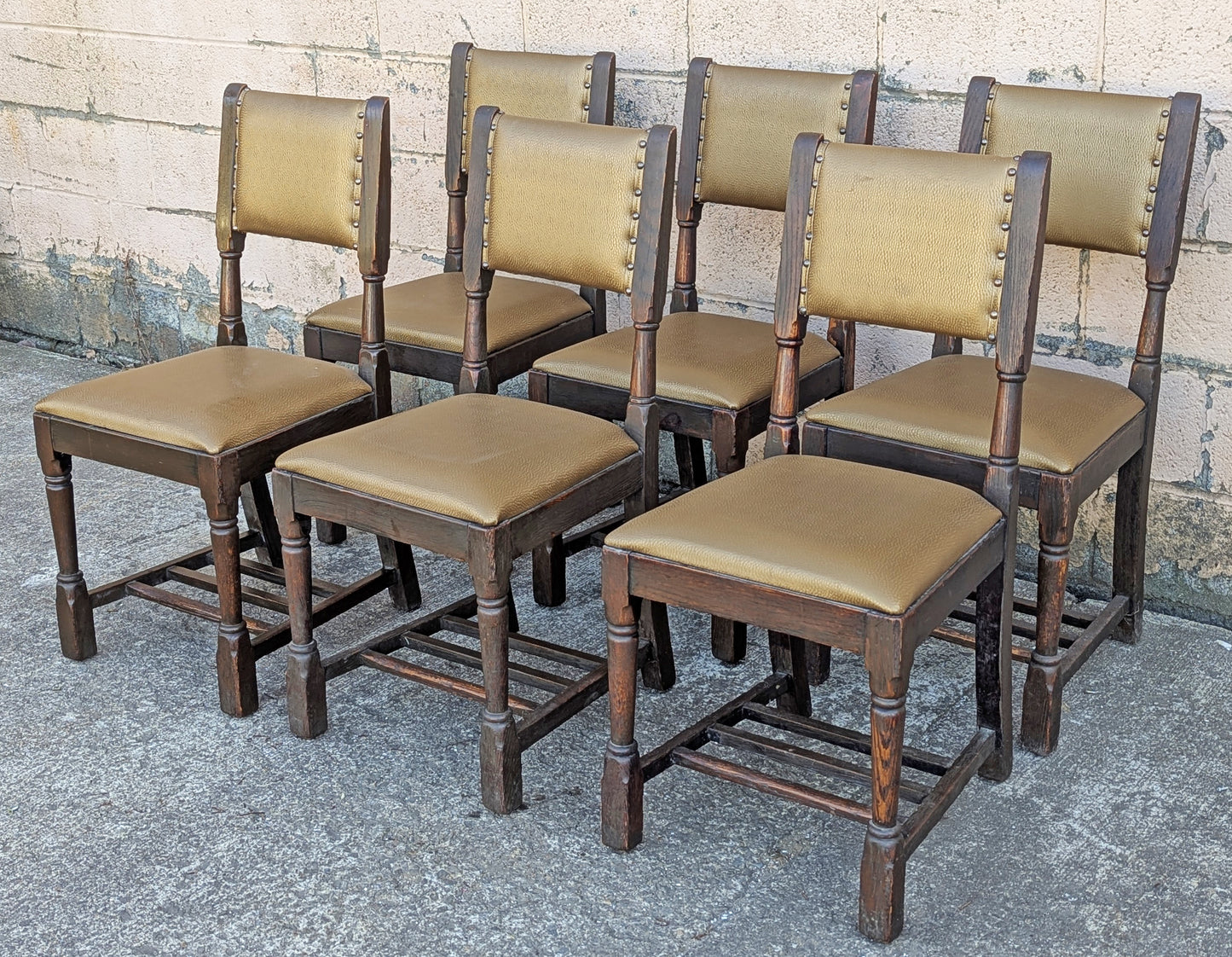 Set of 6 Antique Vintage Old "M.Reischman & Sons" SOLID Oak Wood Wooden Dining Room Chair Fabric Seat Upholstery Upholstered
