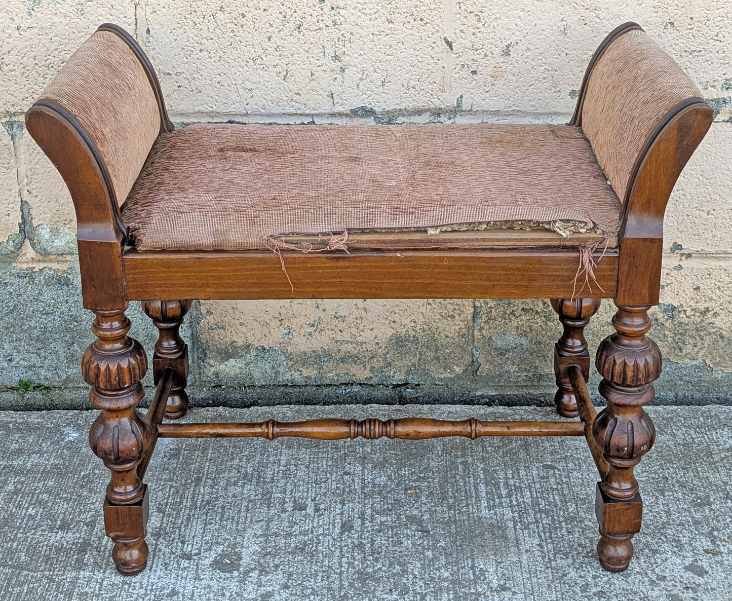 Antique Vintage Old Reclaimed Salvaged Thomasville Victorian Carved SOLID Wood Wooden Arm Bench Settee Chair Stool Lounge Fabric Seat