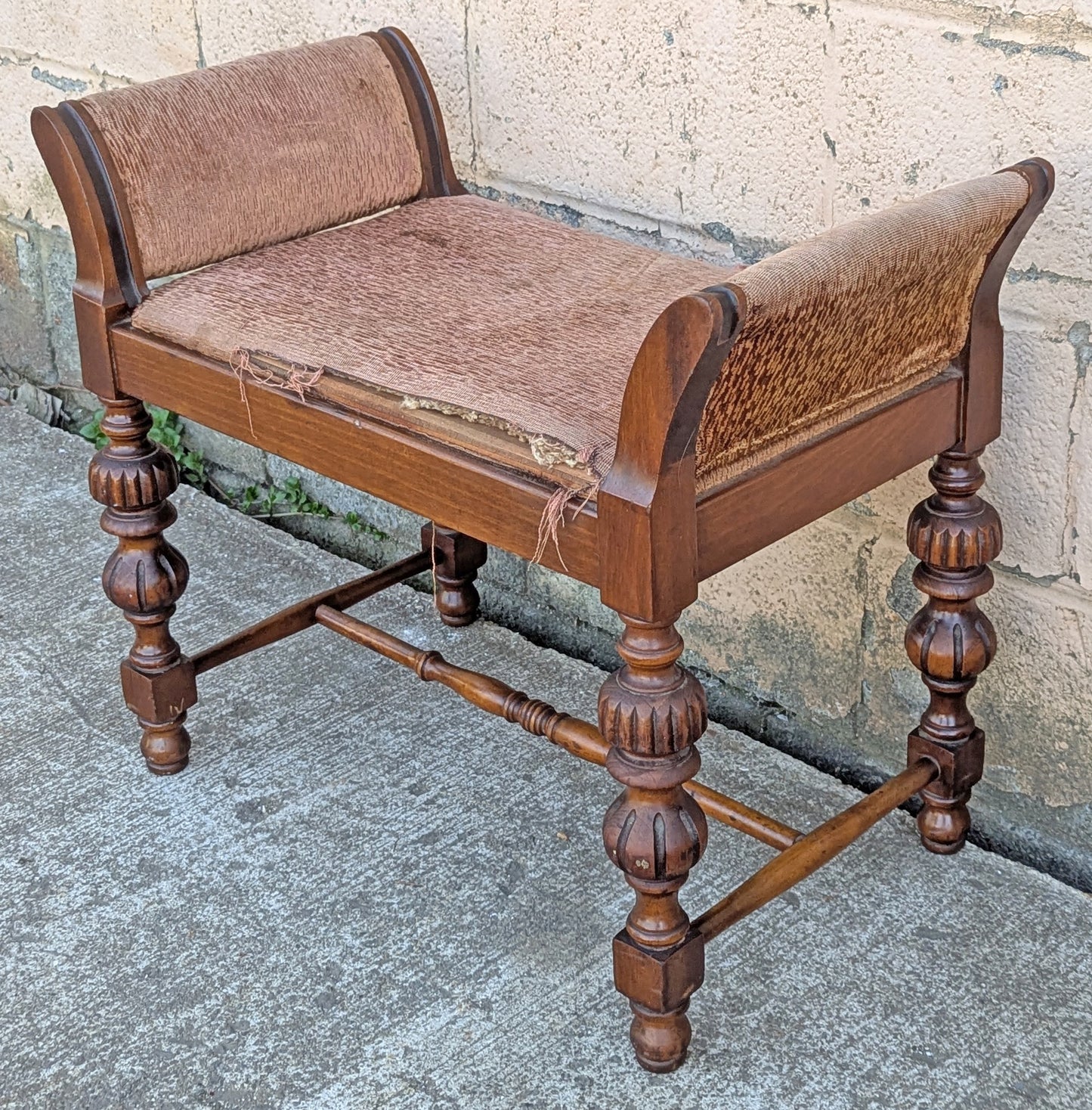 Antique Vintage Old Reclaimed Salvaged Thomasville Victorian Carved SOLID Wood Wooden Arm Bench Settee Chair Stool Lounge Fabric Seat