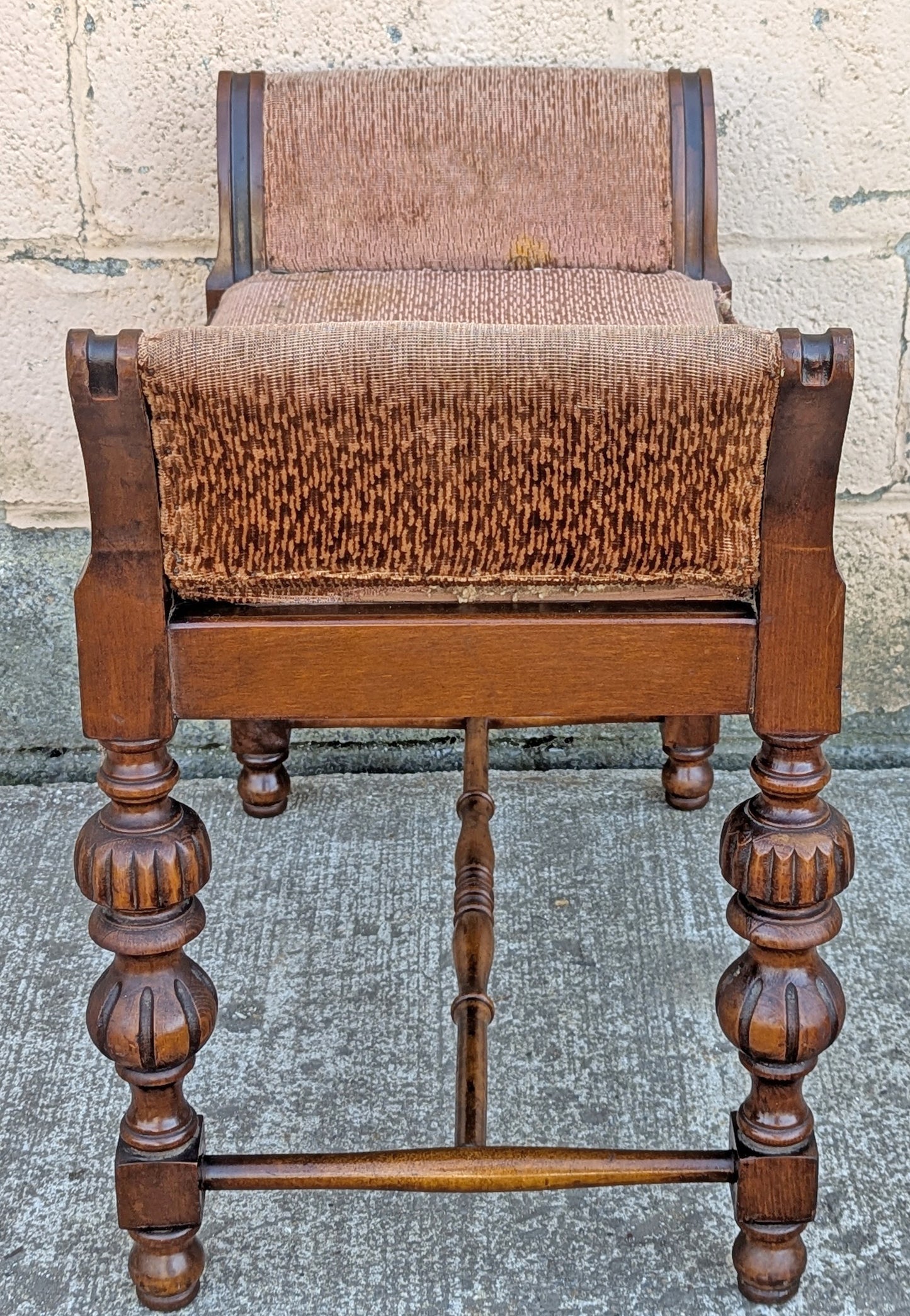 Antique Vintage Old Reclaimed Salvaged Thomasville Victorian Carved SOLID Wood Wooden Arm Bench Settee Chair Stool Lounge Fabric Seat