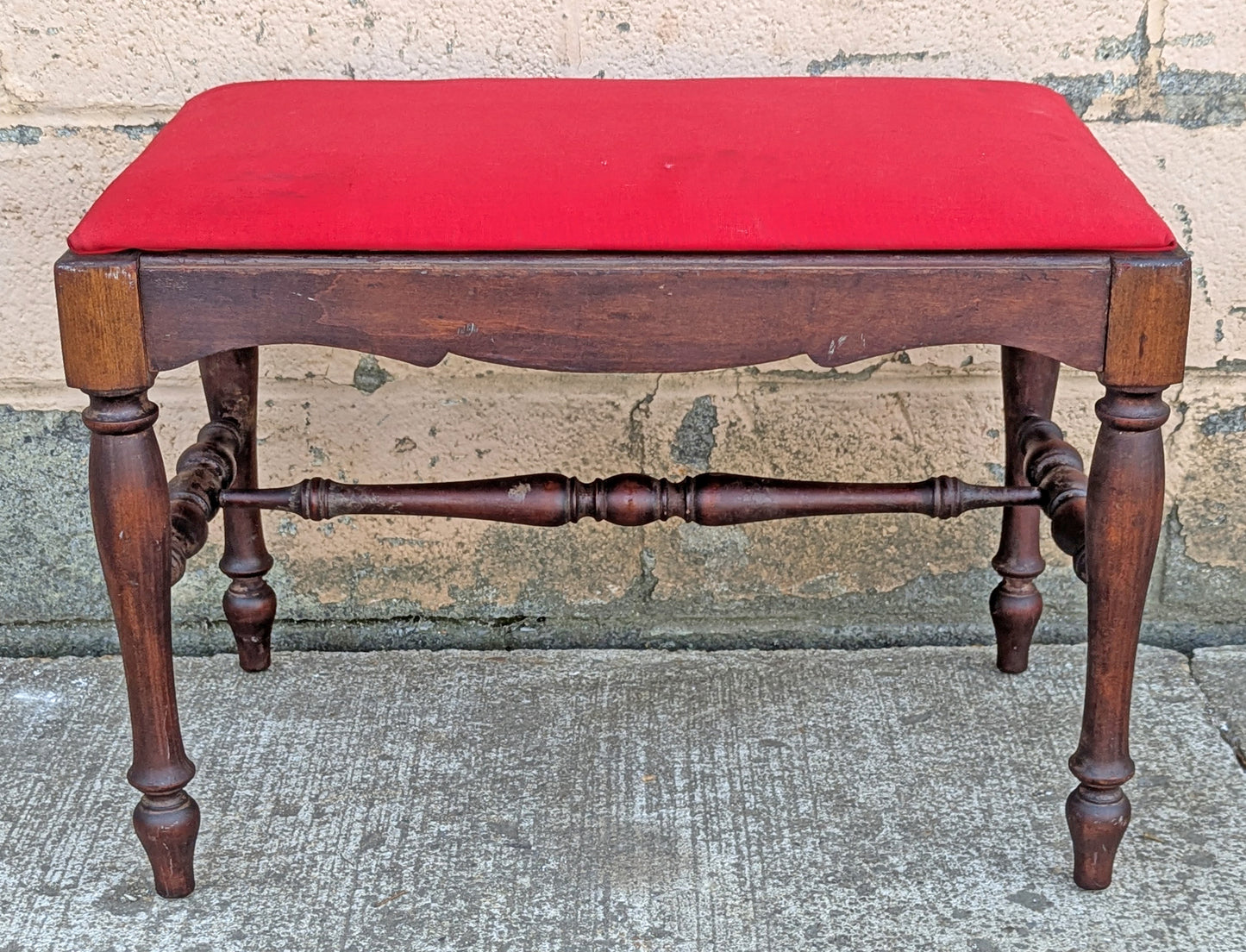 Antique Vintage Old Victorian SOLID Wood Wooden Piano Kneeling Bench Foot Stool Ottoman Plant Stand Red Fabric