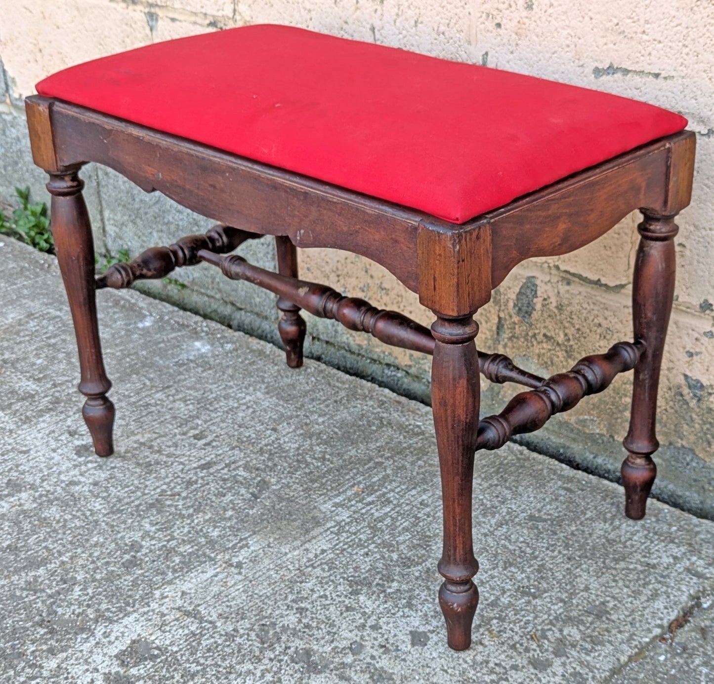 Antique Vintage Old Victorian SOLID Wood Wooden Piano Kneeling Bench Foot Stool Ottoman Plant Stand Red Fabric