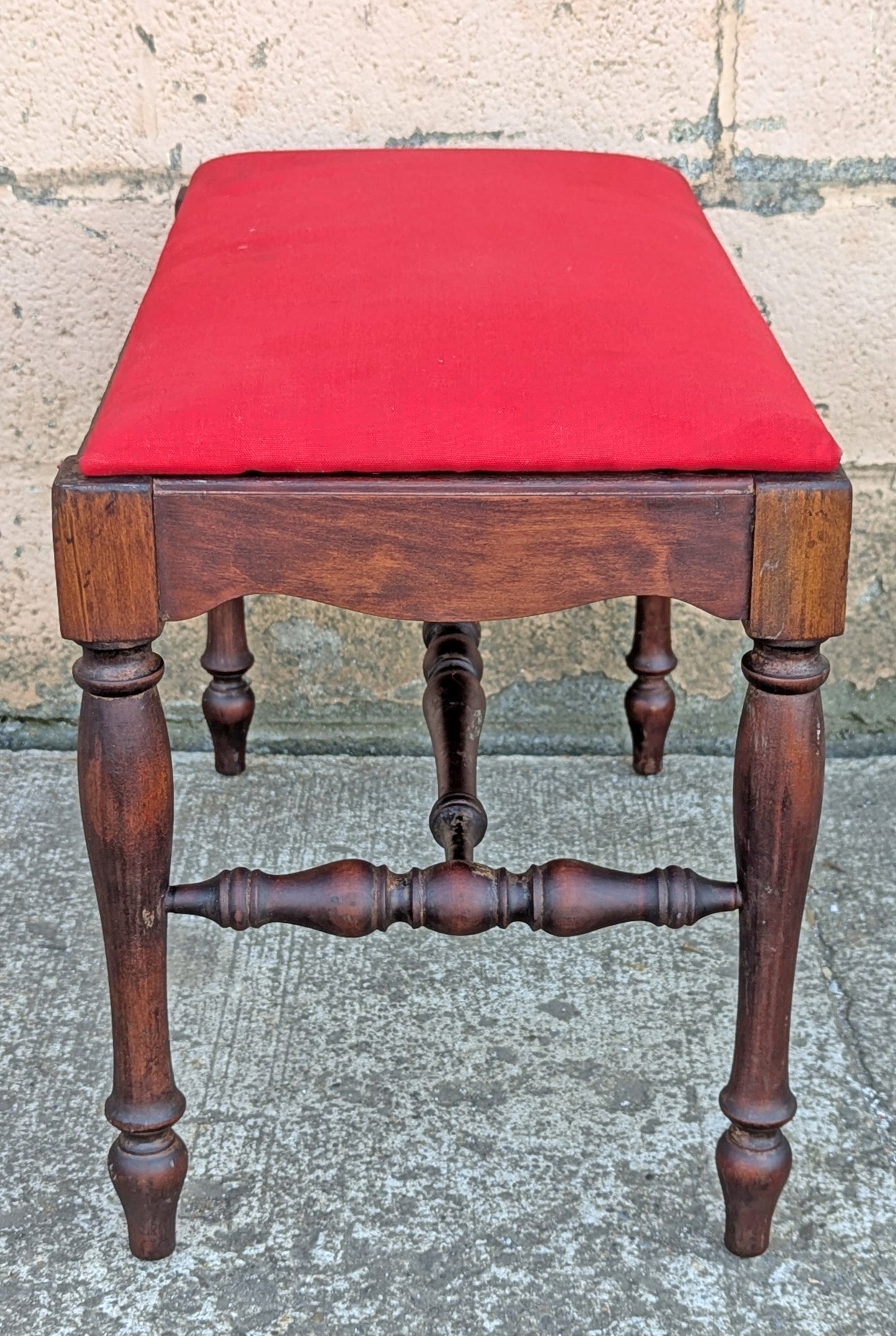 Antique Vintage Old Victorian SOLID Wood Wooden Piano Kneeling Bench Foot Stool Ottoman Plant Stand Red Fabric