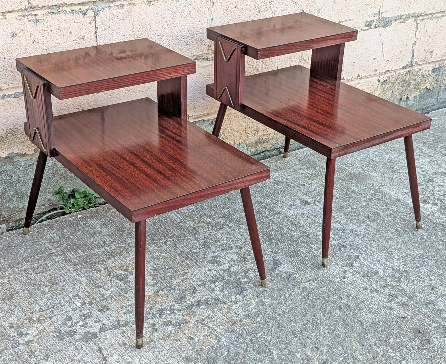 Pair of Vintage Antique Old Mid Century Atomic Era SOLID Wooden Wood & Formica Wooden 2 Tier End Side Accent Lamp Tables Night Stand Shelf
