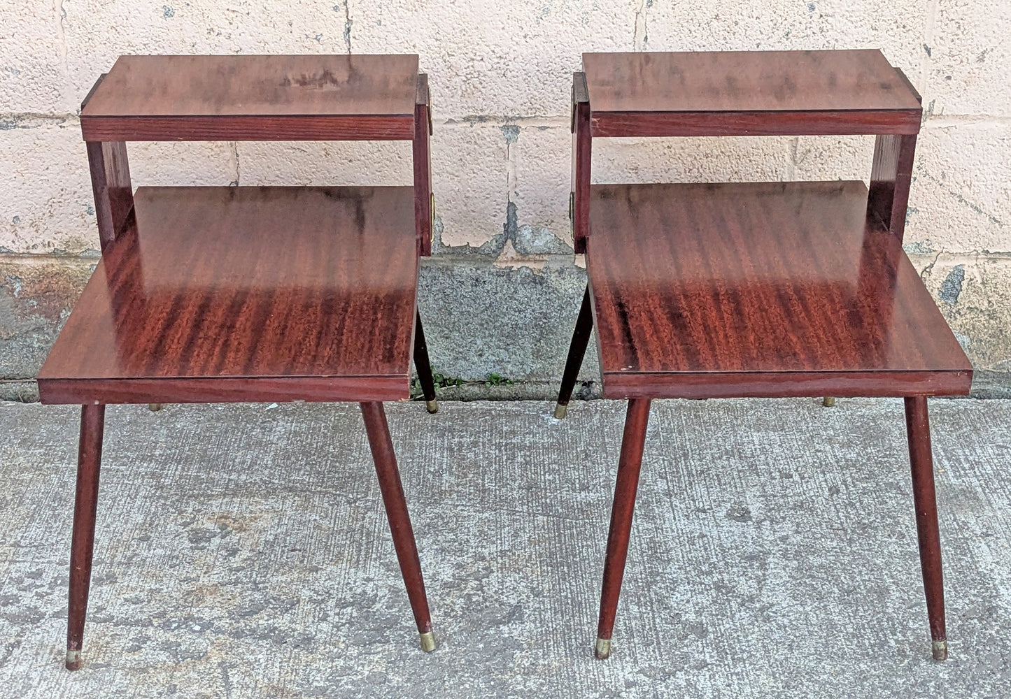 Pair of Vintage Antique Old Mid Century Atomic Era SOLID Wooden Wood & Formica Wooden 2 Tier End Side Accent Lamp Tables Night Stand Shelf
