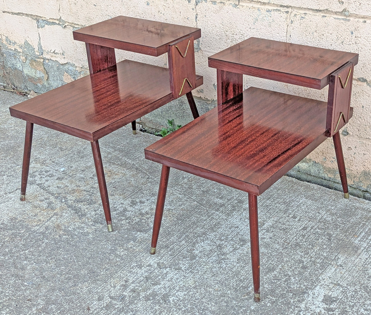 Pair of Vintage Antique Old Mid Century Atomic Era SOLID Wooden Wood & Formica Wooden 2 Tier End Side Accent Lamp Tables Night Stand Shelf