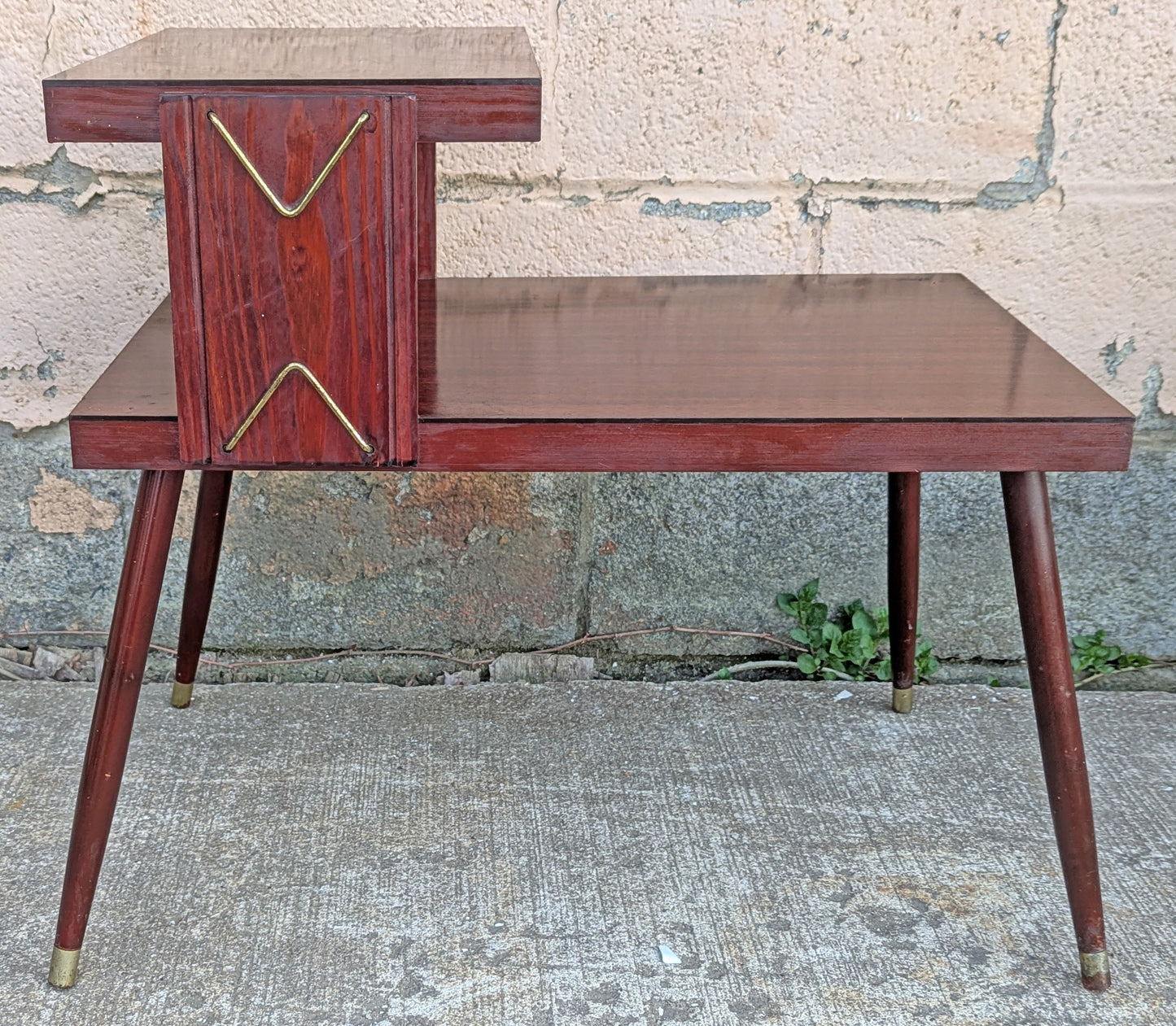 Pair of Vintage Antique Old Mid Century Atomic Era SOLID Wooden Wood & Formica Wooden 2 Tier End Side Accent Lamp Tables Night Stand Shelf