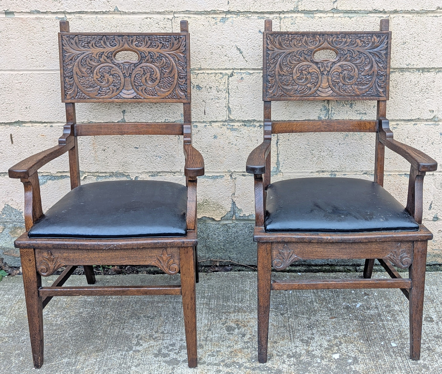 Pair Antique Vintage Old Reclaimed Salvaged Gothic Style SOLID Oak Wood Wooden Side Dining Accent Chairs Fabric Upholstered Cushion Seat