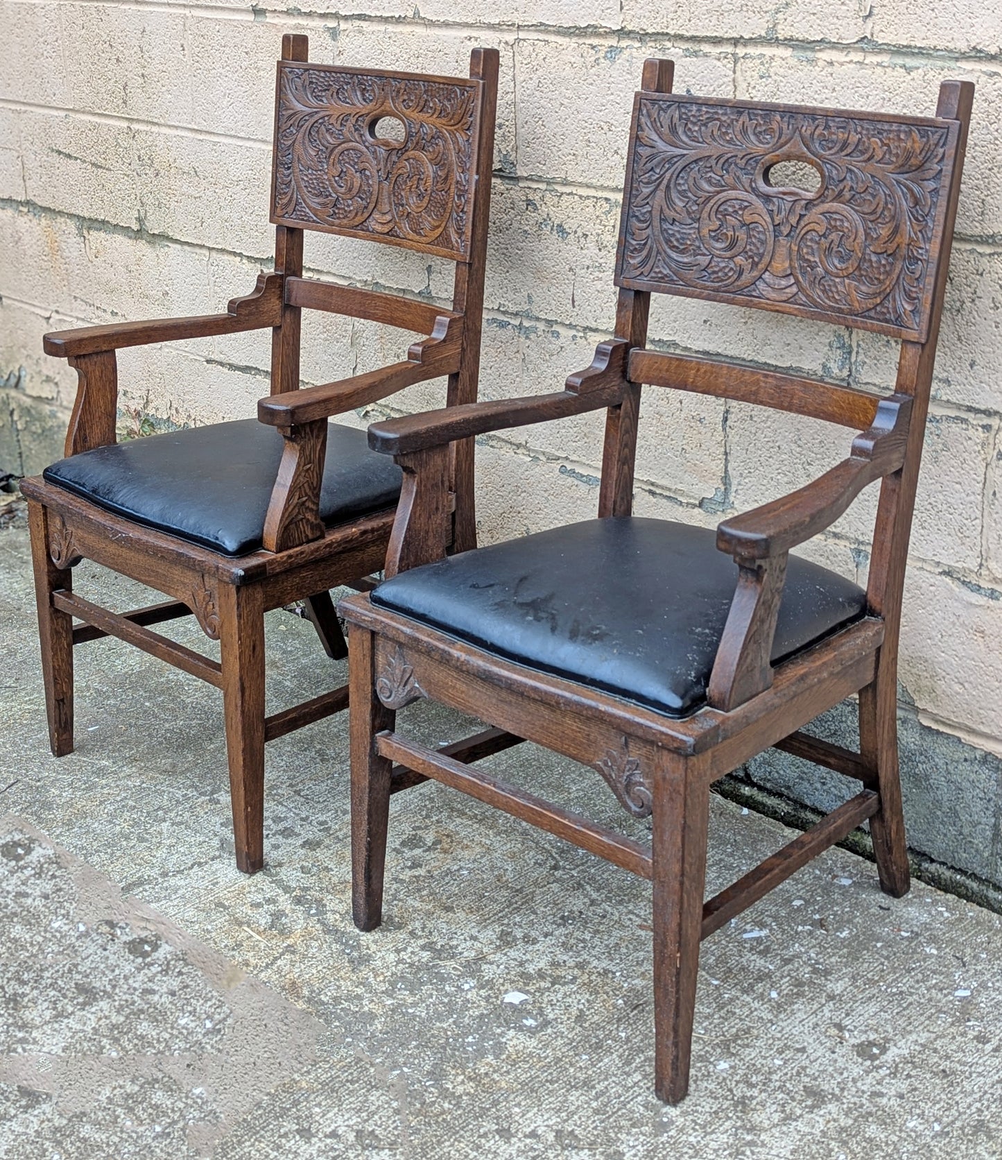 Pair Antique Vintage Old Reclaimed Salvaged Gothic Style SOLID Oak Wood Wooden Side Dining Accent Chairs Fabric Upholstered Cushion Seat