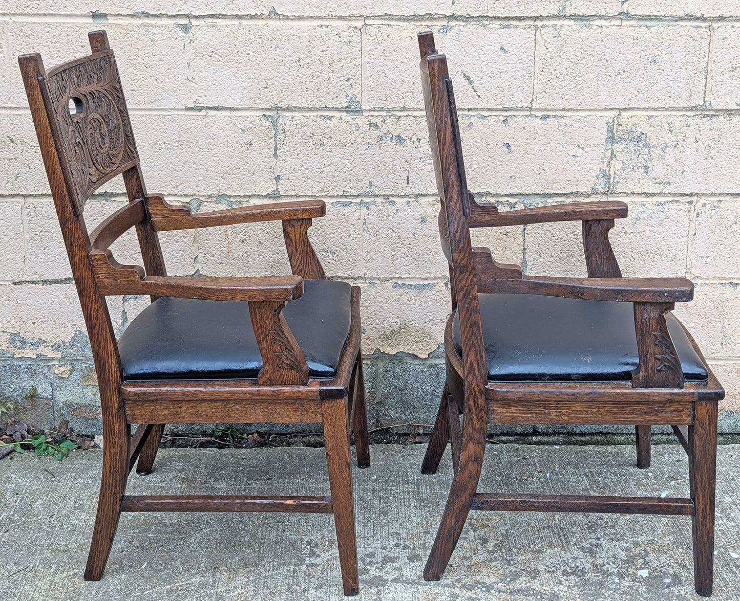 Pair Antique Vintage Old Reclaimed Salvaged Gothic Style SOLID Oak Wood Wooden Side Dining Accent Chairs Fabric Upholstered Cushion Seat