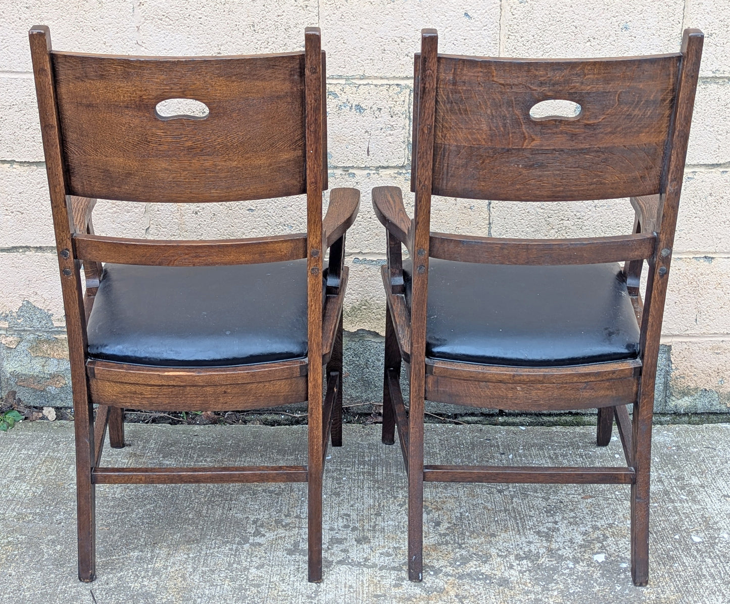 Pair Antique Vintage Old Reclaimed Salvaged Gothic Style SOLID Oak Wood Wooden Side Dining Accent Chairs Fabric Upholstered Cushion Seat