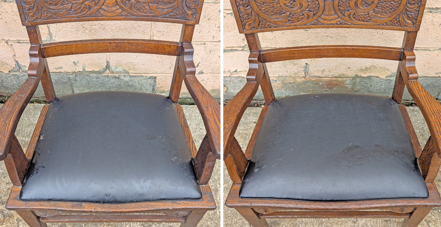 Pair Antique Vintage Old Reclaimed Salvaged Gothic Style SOLID Oak Wood Wooden Side Dining Accent Chairs Fabric Upholstered Cushion Seat