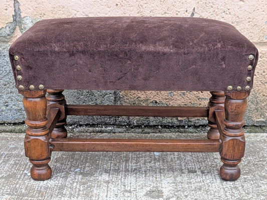 Vintage Antique Old Reclaimed Salvaged SOLID Wood Wooden Kneeling Bench Foot Stool Ottoman Stand Seat Brown Fabric