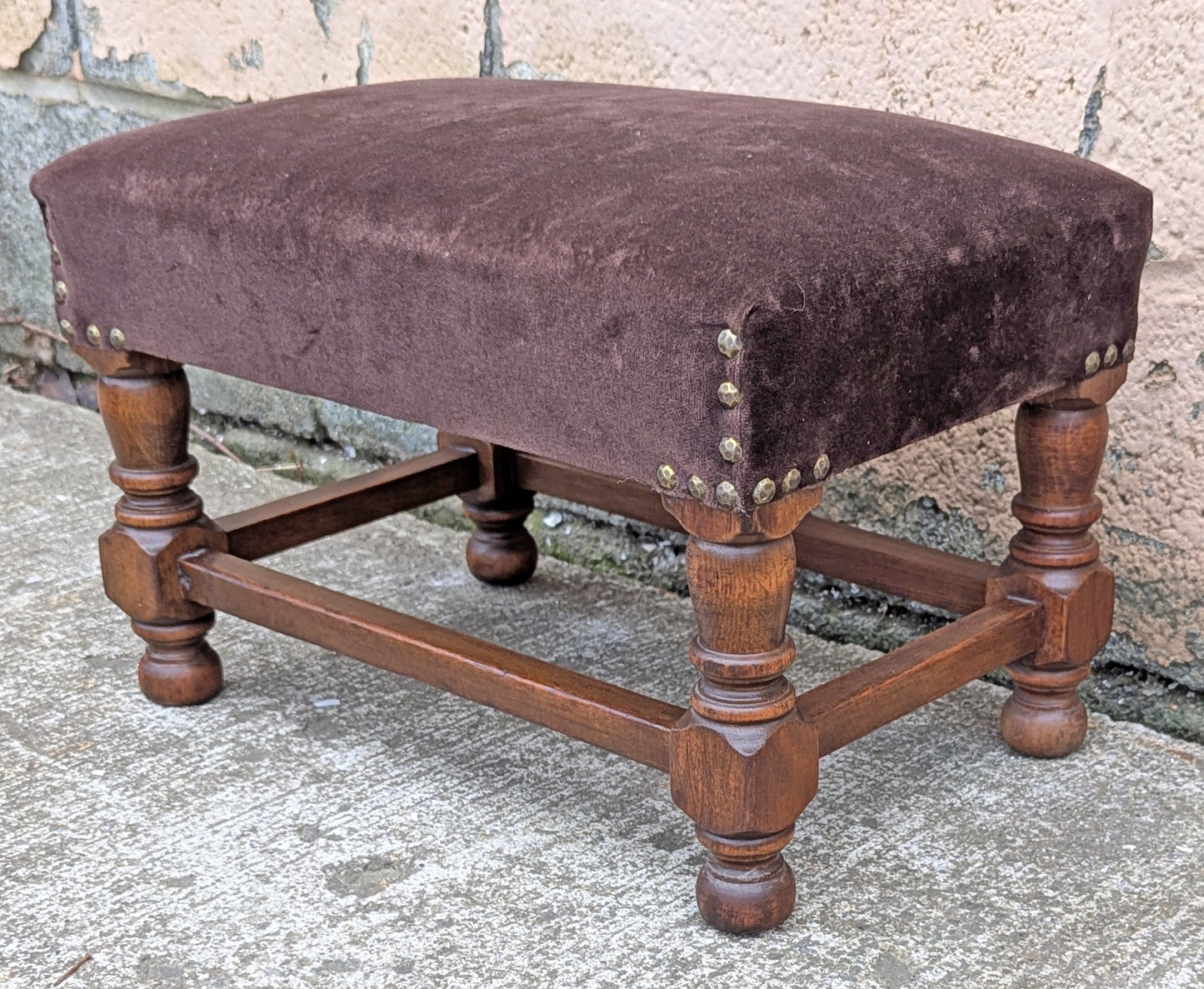 Vintage Antique Old Reclaimed Salvaged SOLID Wood Wooden Kneeling Bench Foot Stool Ottoman Stand Seat Brown Fabric