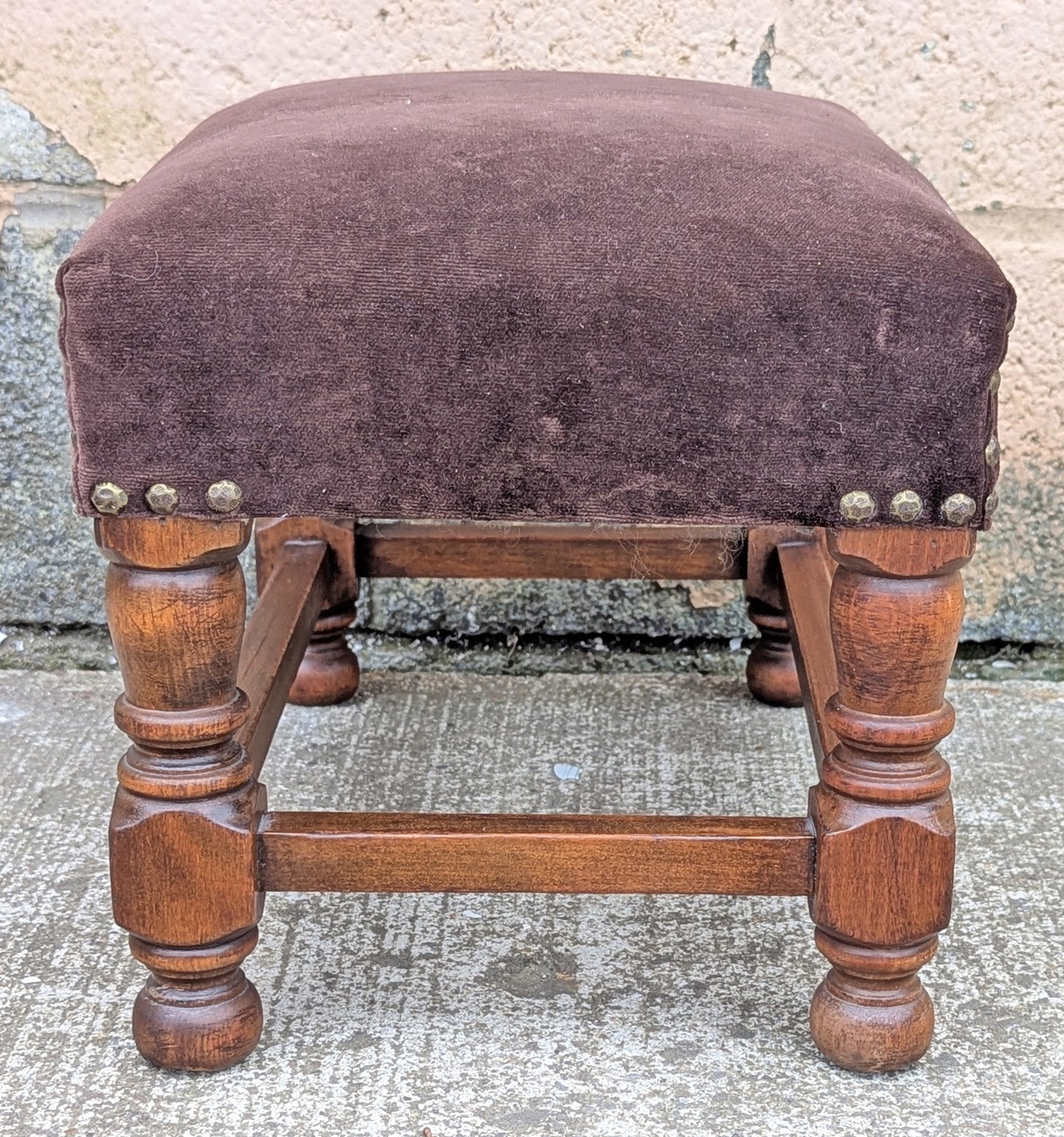 Vintage Antique Old Reclaimed Salvaged SOLID Wood Wooden Kneeling Bench Foot Stool Ottoman Stand Seat Brown Fabric