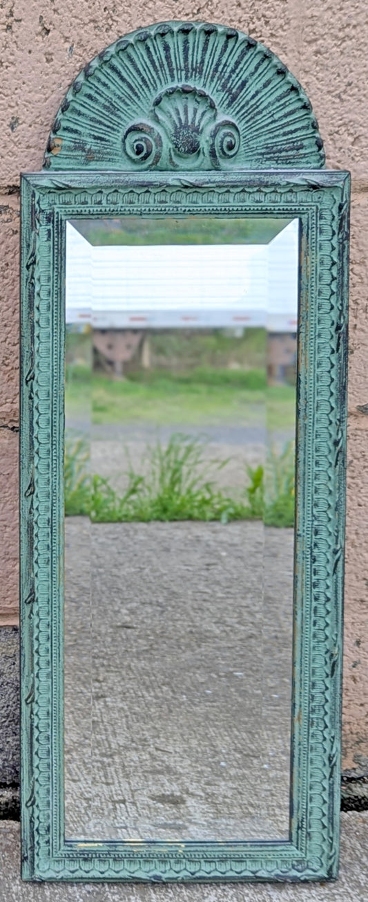 31"H Vintage Antique Old SOLID Wood Wooden Neo Classical Distressed Style Ornate Decorative Carved Decor Wall Mirror Beveled Glass Rectangle