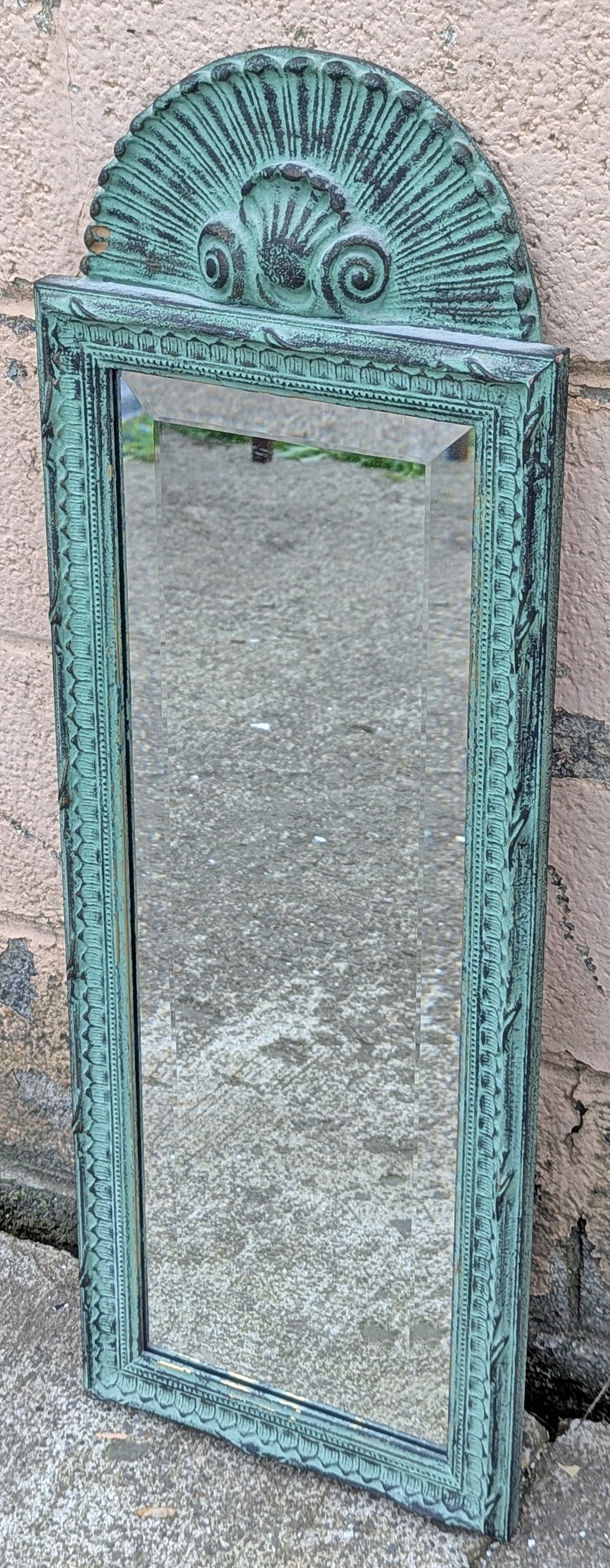 31"H Vintage Antique Old SOLID Wood Wooden Neo Classical Distressed Style Ornate Decorative Carved Decor Wall Mirror Beveled Glass Rectangle