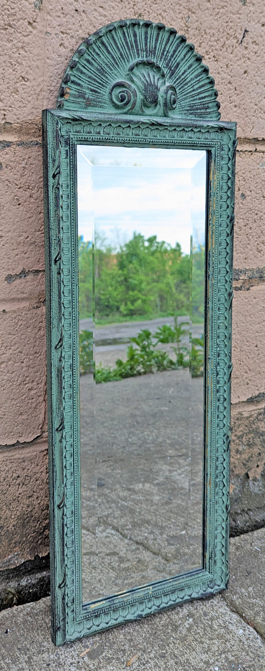 31"H Vintage Antique Old SOLID Wood Wooden Neo Classical Distressed Style Ornate Decorative Carved Decor Wall Mirror Beveled Glass Rectangle